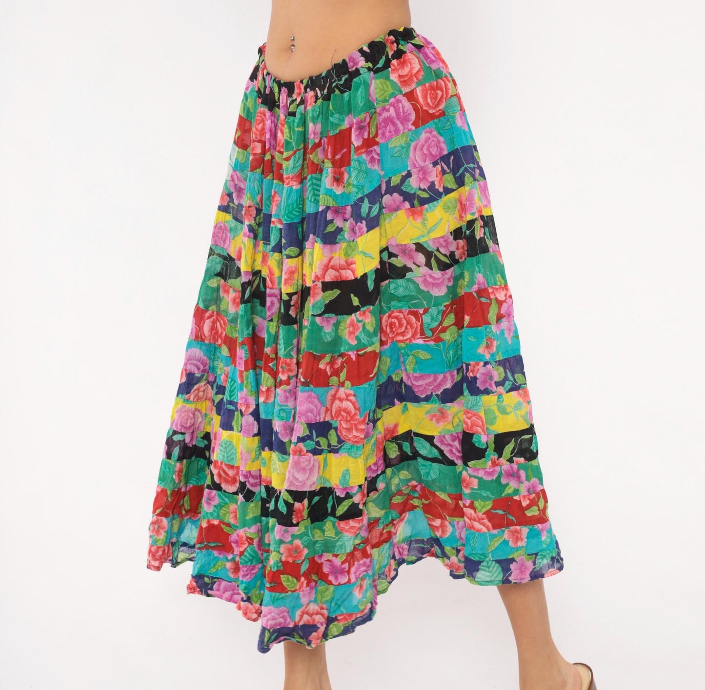90s Sportique Patchwork Tiered Skirt Floral Rose Cotton Gauze Small