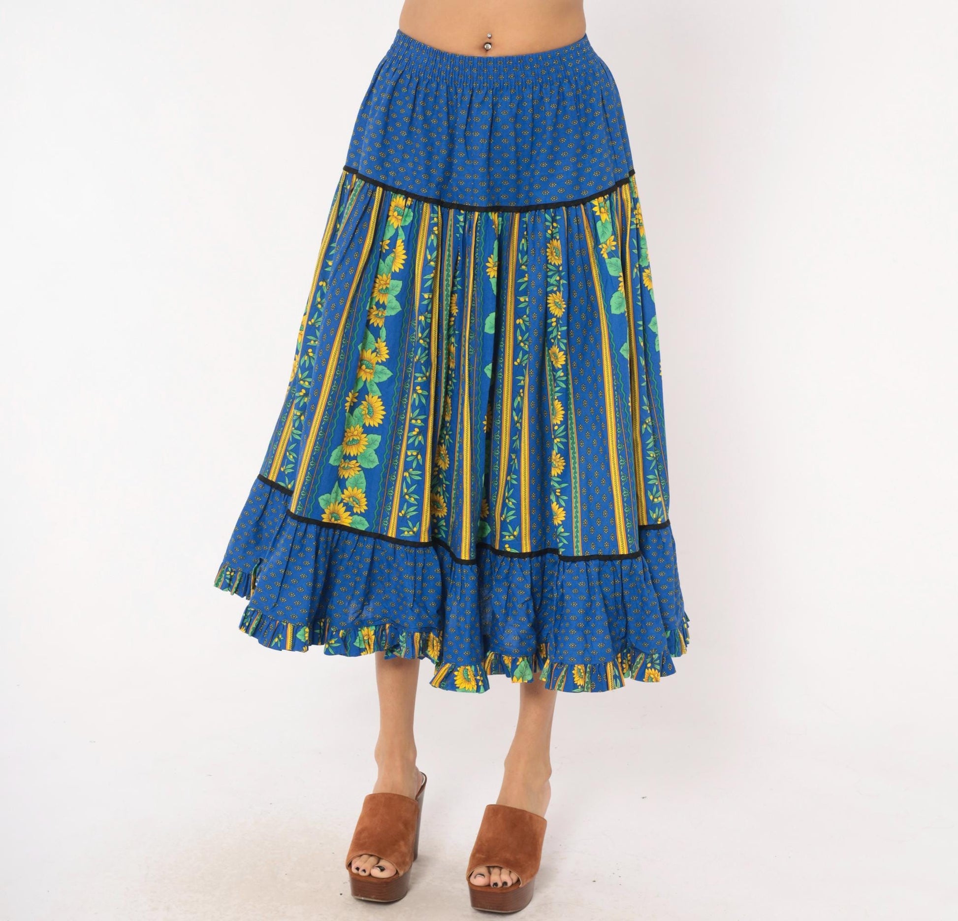 90s Solymod Sunflower Tiered Midi Skirt Blue Cotton Ruffle Small