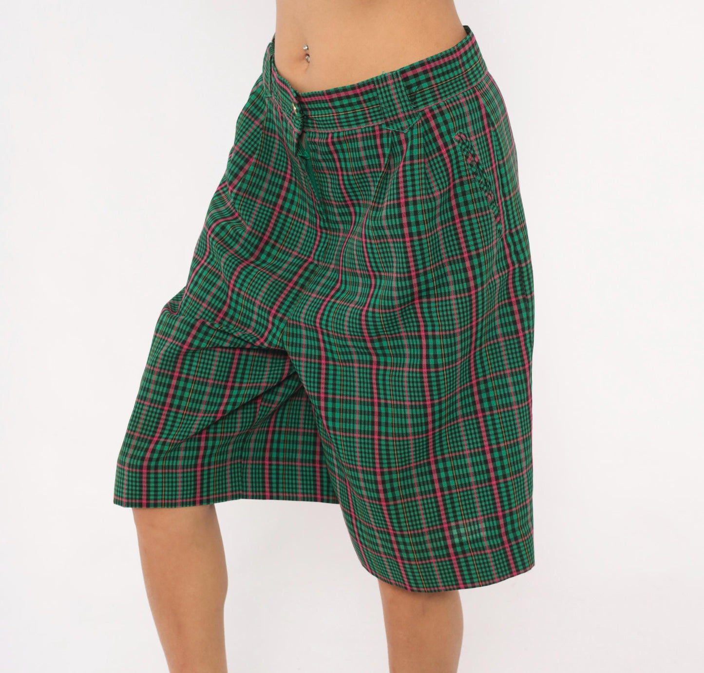 90s Green Plaid Bermuda Shorts High Rise Pleated Tartan Pink Preppy Medium
