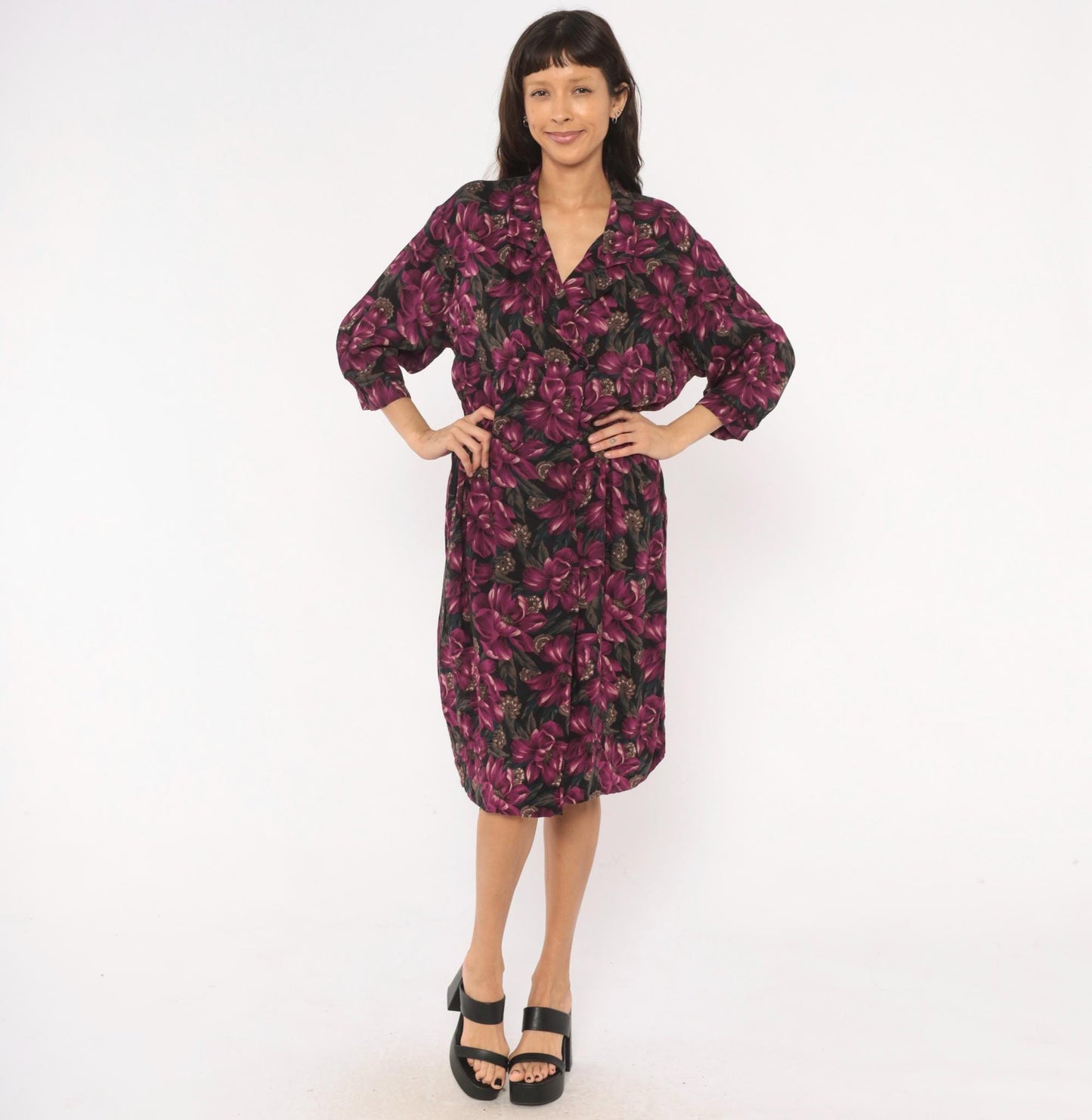 90s Plum Floral Wrap Dress V-Neck Button Front Knee-Length Large