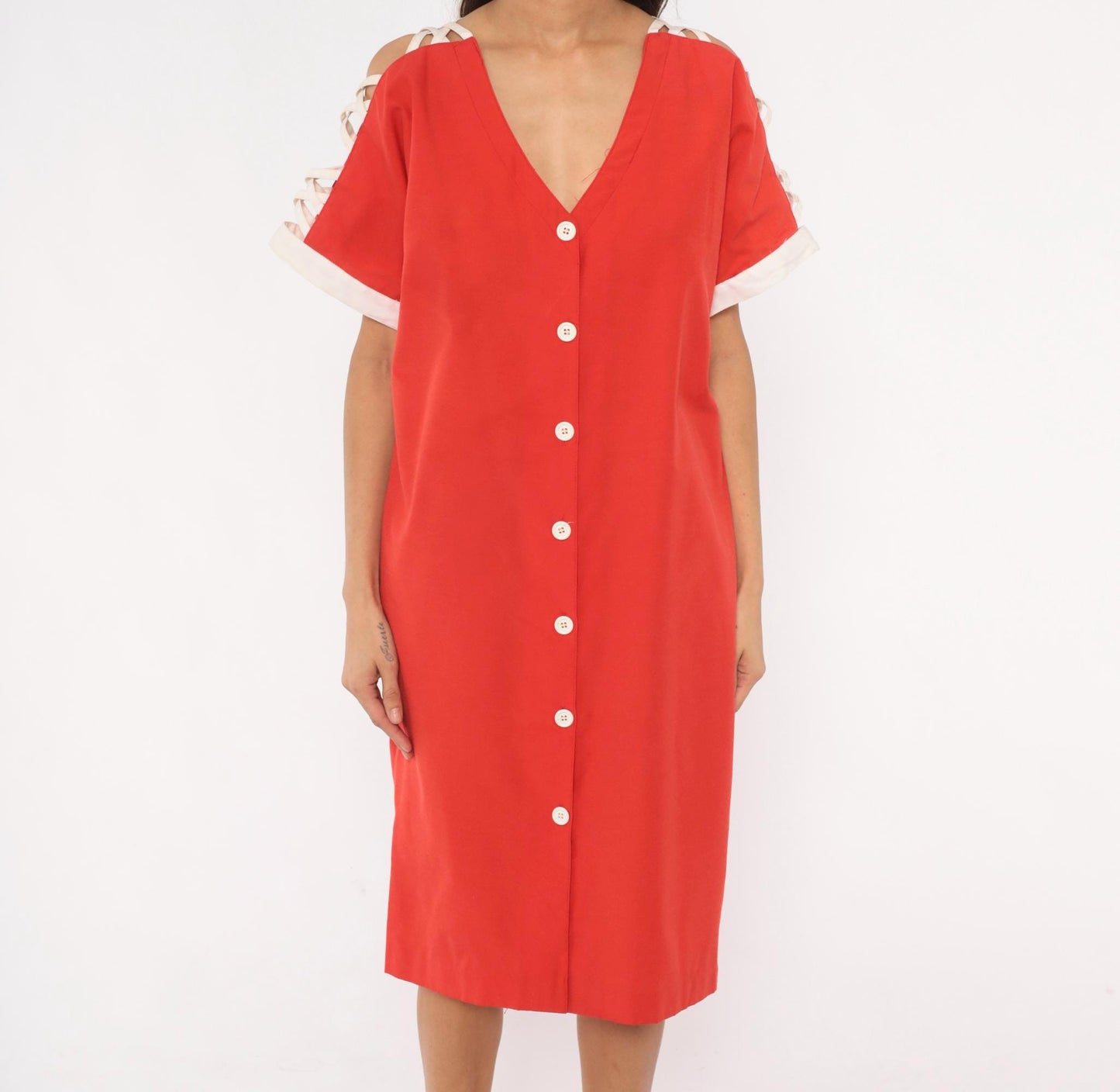 80s Act I Red Cotton Dress V-Neck Criss-Cross Cold Shoulder Large L