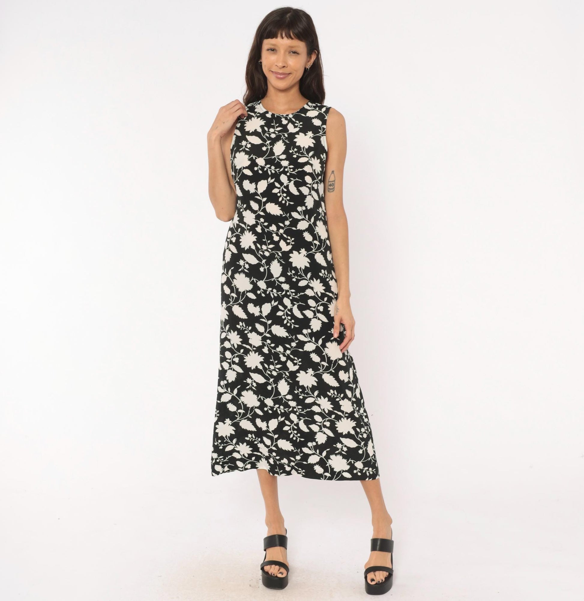 00s Old Navy Black Cream Floral Midi Dress Sleeveless Small S