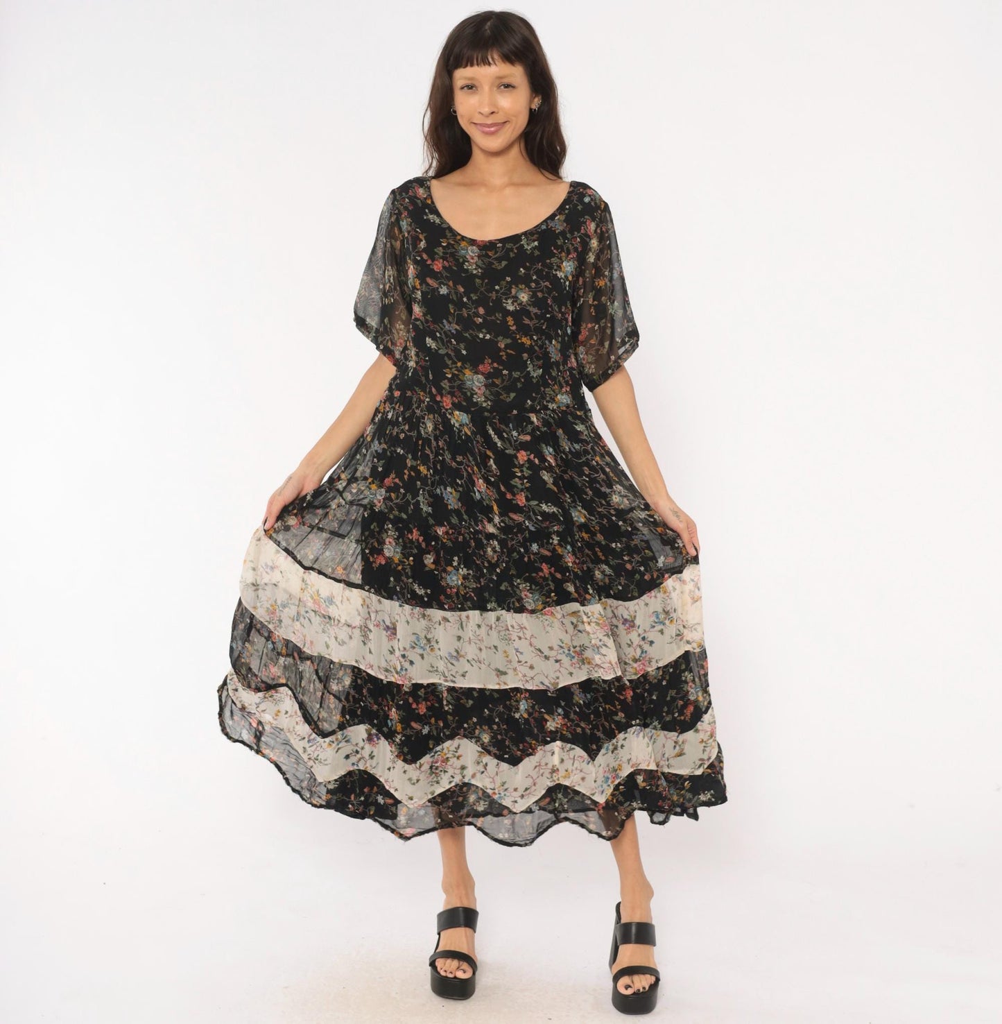 90s Bila Black Floral Maxi Dress Tiered Patchwork Short Sleeve Large L