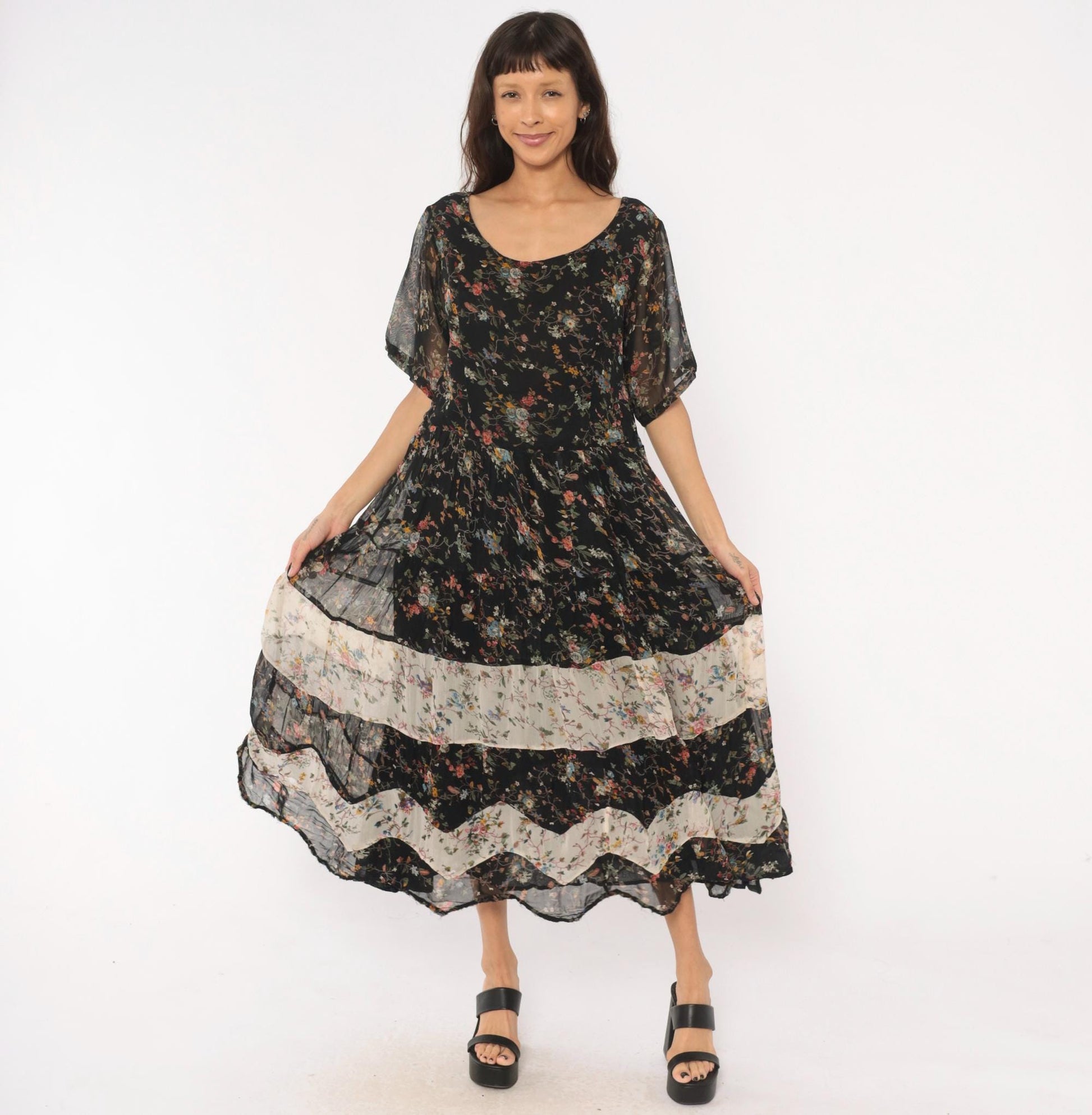 90s Bila Black Floral Maxi Dress Tiered Patchwork Short Sleeve Large L