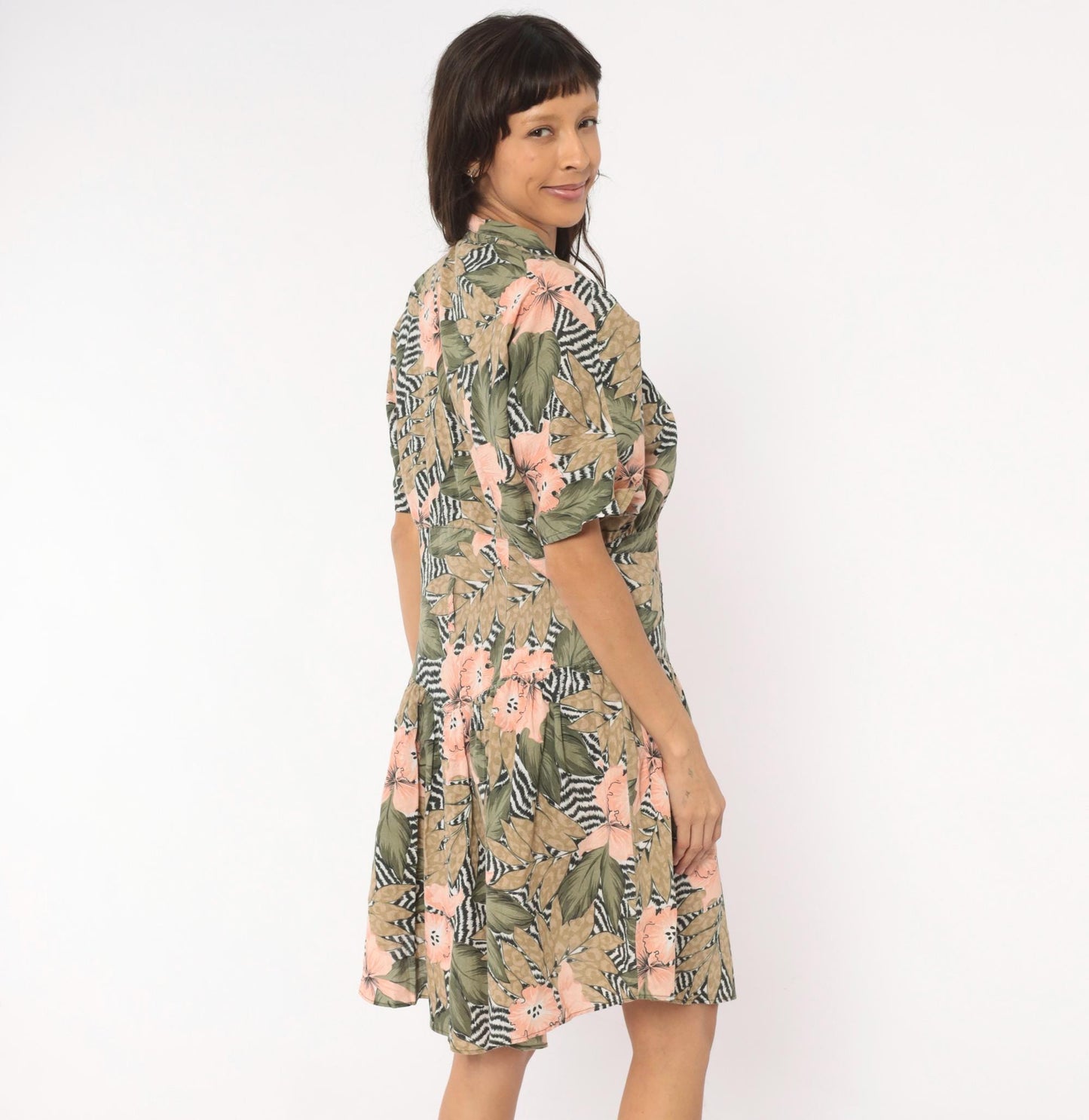 90s Tropical Hibiscus Shirt Dress Floral Print Drop Waist Snap Front Large L