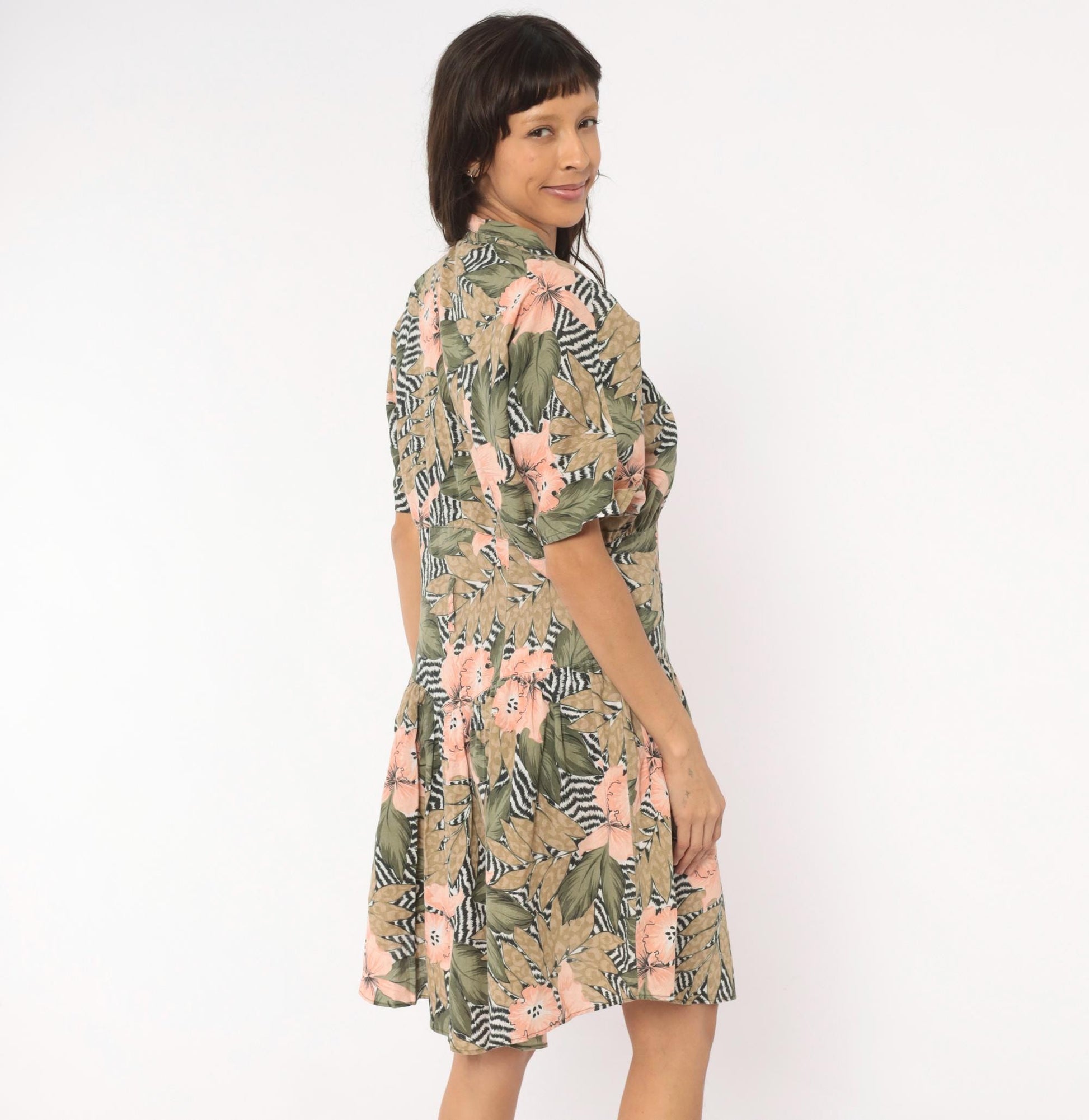 90s Tropical Hibiscus Shirt Dress Floral Print Drop Waist Snap Front Large L
