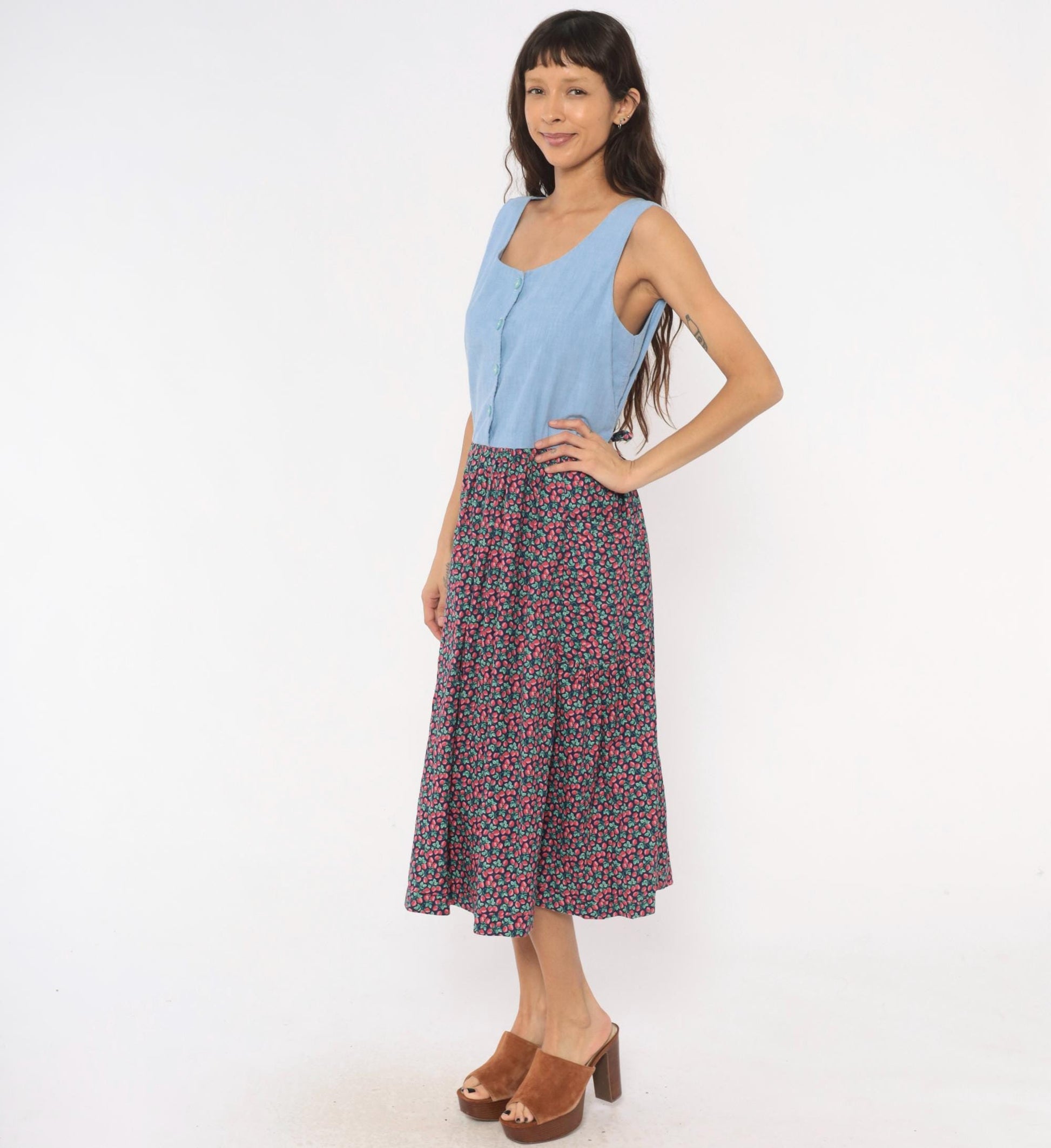 90s Raspberry Chambray Midi Dress Button Front Pockets Cotton Large L