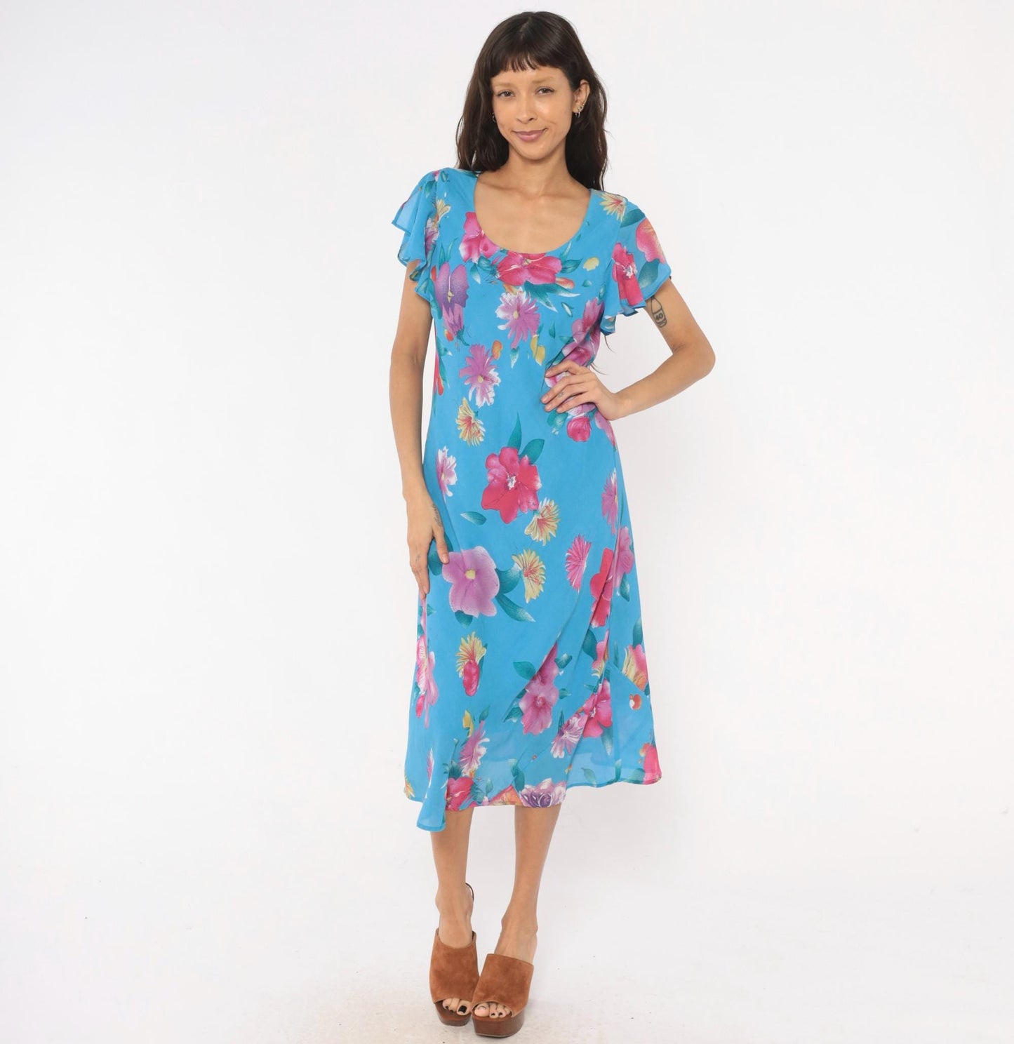 90s Southern Expressions Floral Midi Dress Sky Blue Flutter Sleeve Extra Large