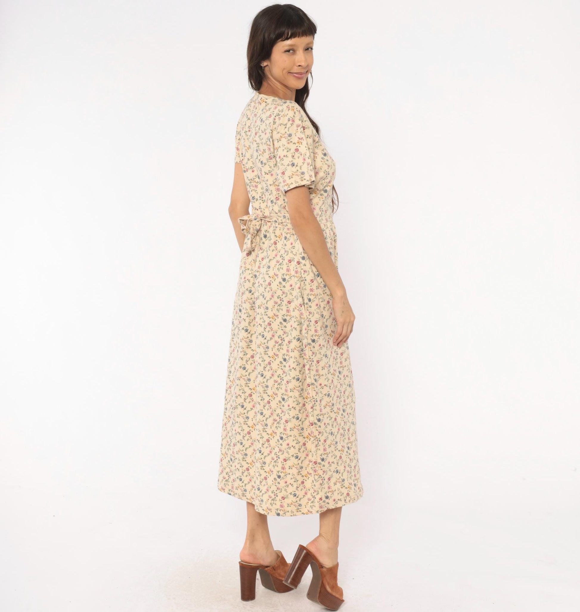 90s Blair Ditsy Floral Maxi Dress Cream Cotton Prairie V-Neck Medium Petite