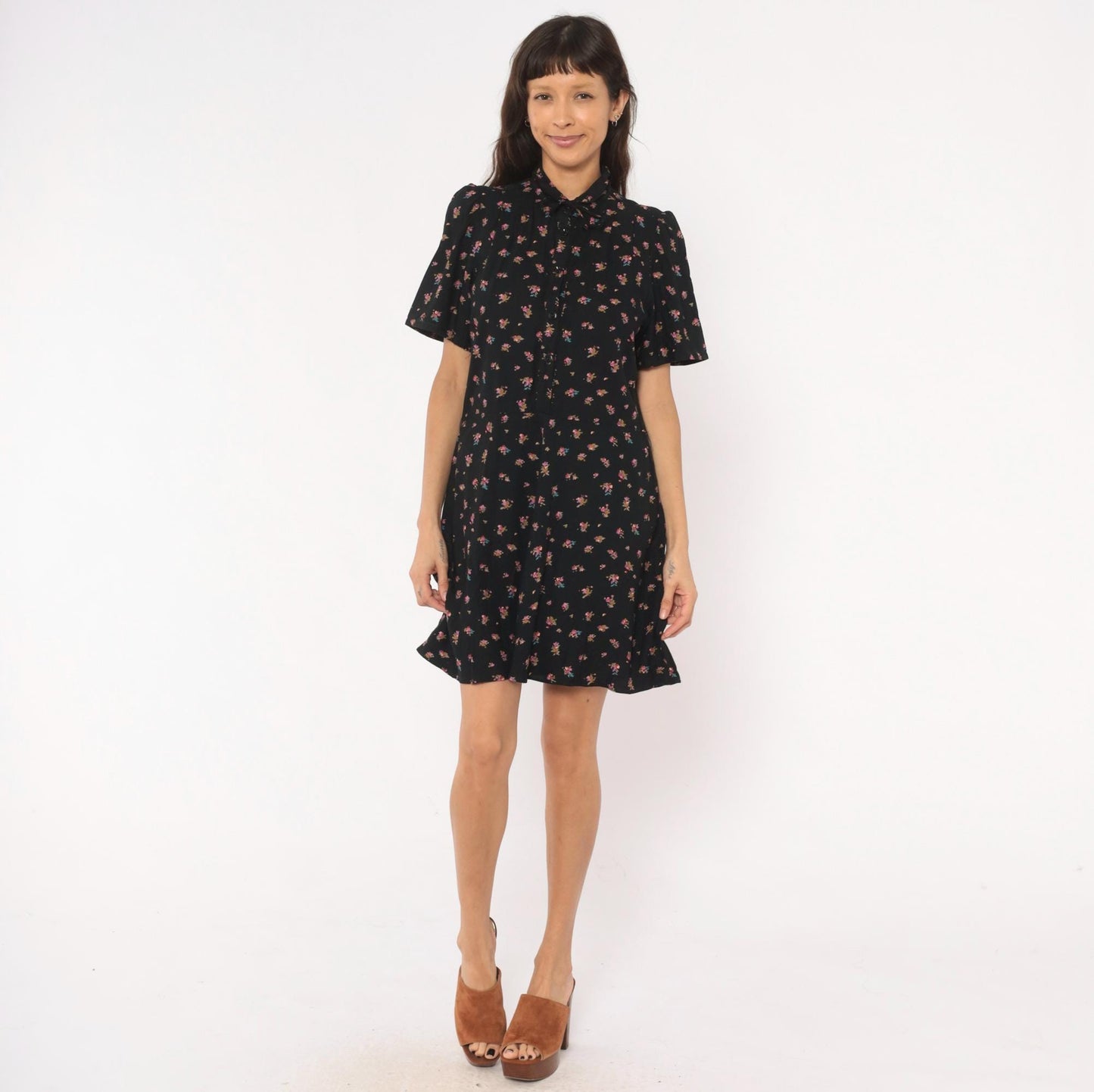 80s Belle France Ditsy Floral Babydoll Mini Dress Black Puff Sleeve Medium
