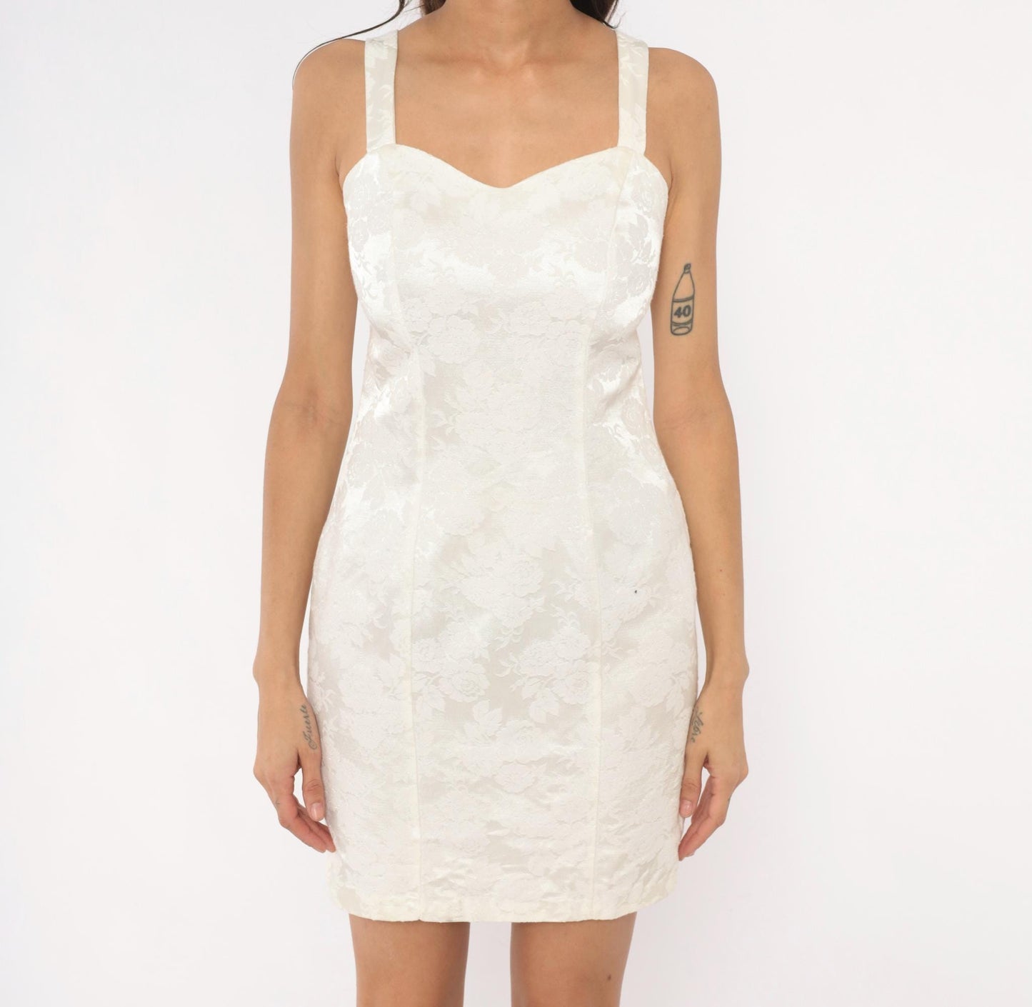 90s Byer Too! Jacquard Mini Dress Cream Floral Sweetheart Neckline Extra Small XS