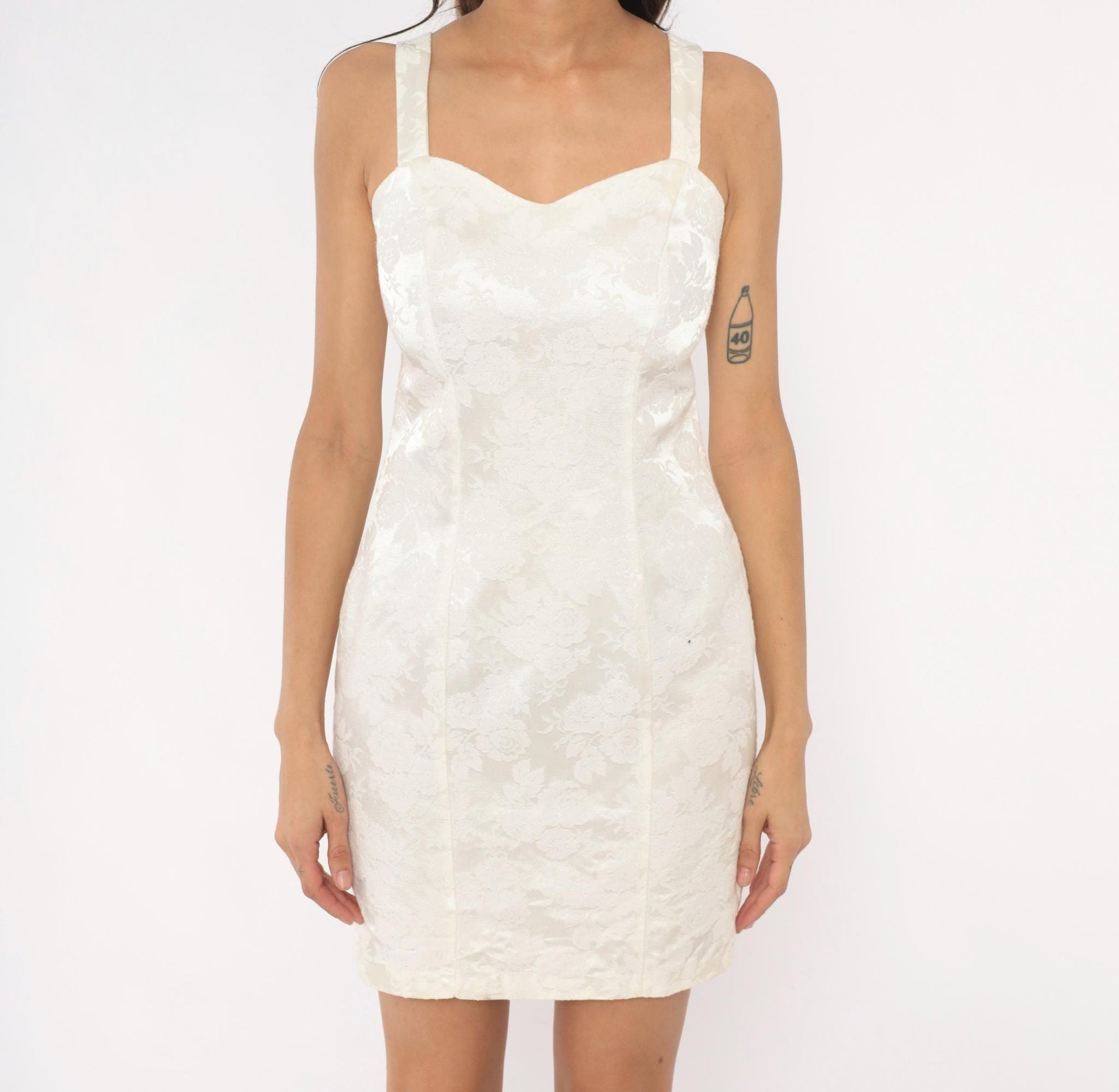 90s Byer Too! Jacquard Mini Dress Cream Floral Sweetheart Neckline Extra Small XS