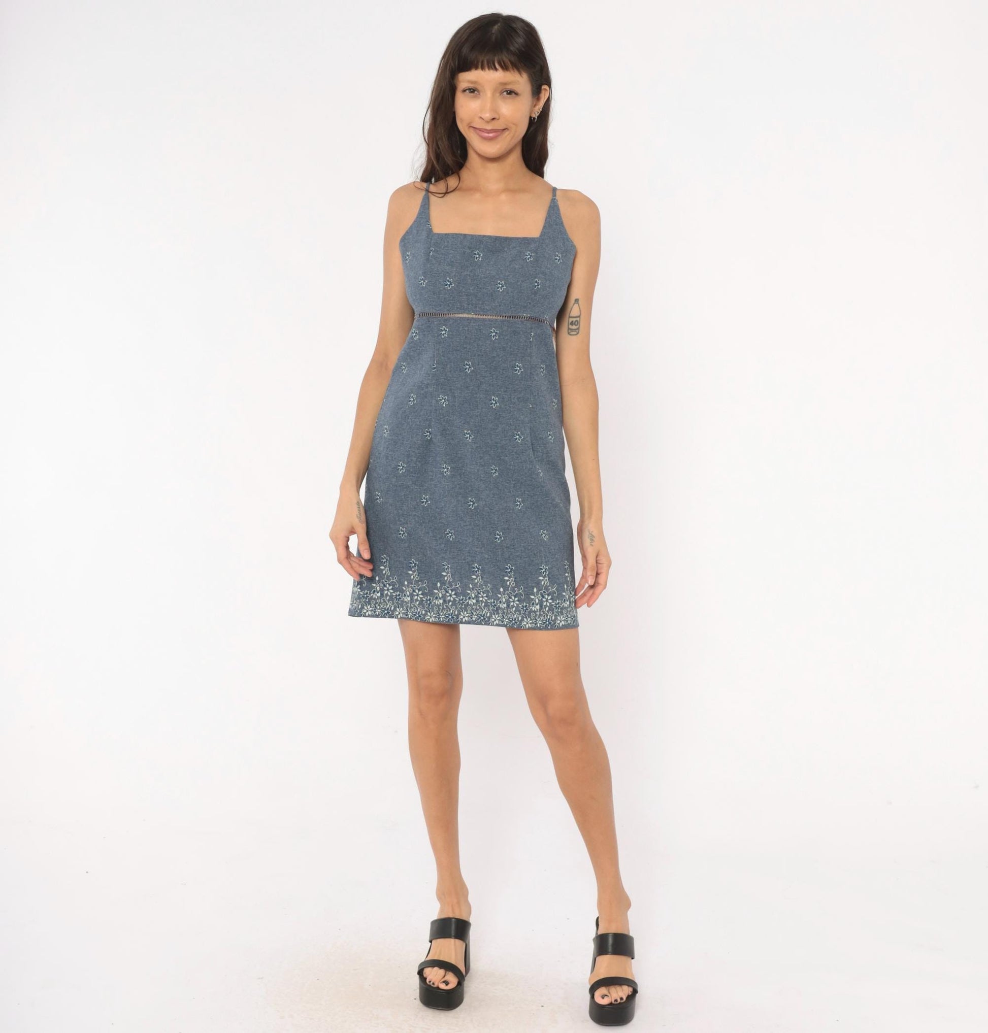 Y2K Alias Blue Chambray Floral Mini Dress Square Neck Spaghetti Strap Small