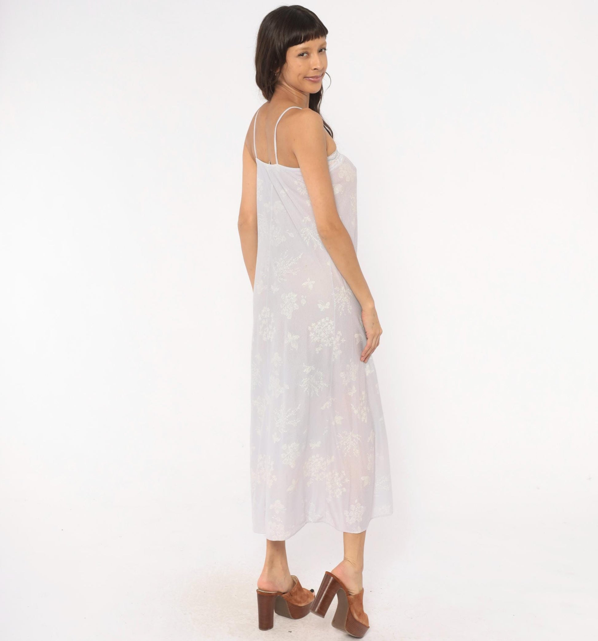 80s Lavender Floral Butterfly Maxi Nightgown Spaghetti Strap Lace Trim Small