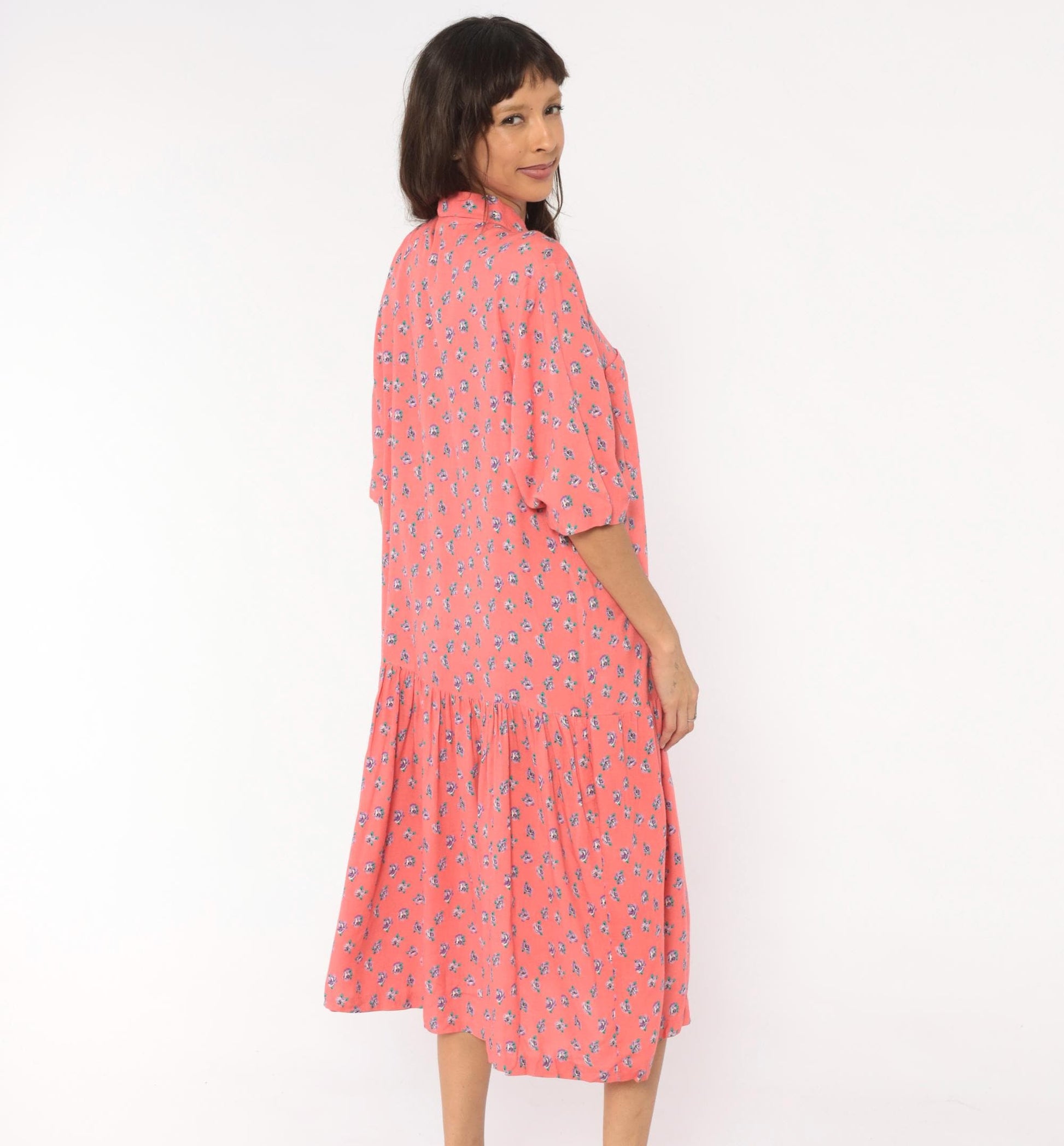 90s Mothercare Maternity Coral Rose Print Midi Dress Button Front Large L