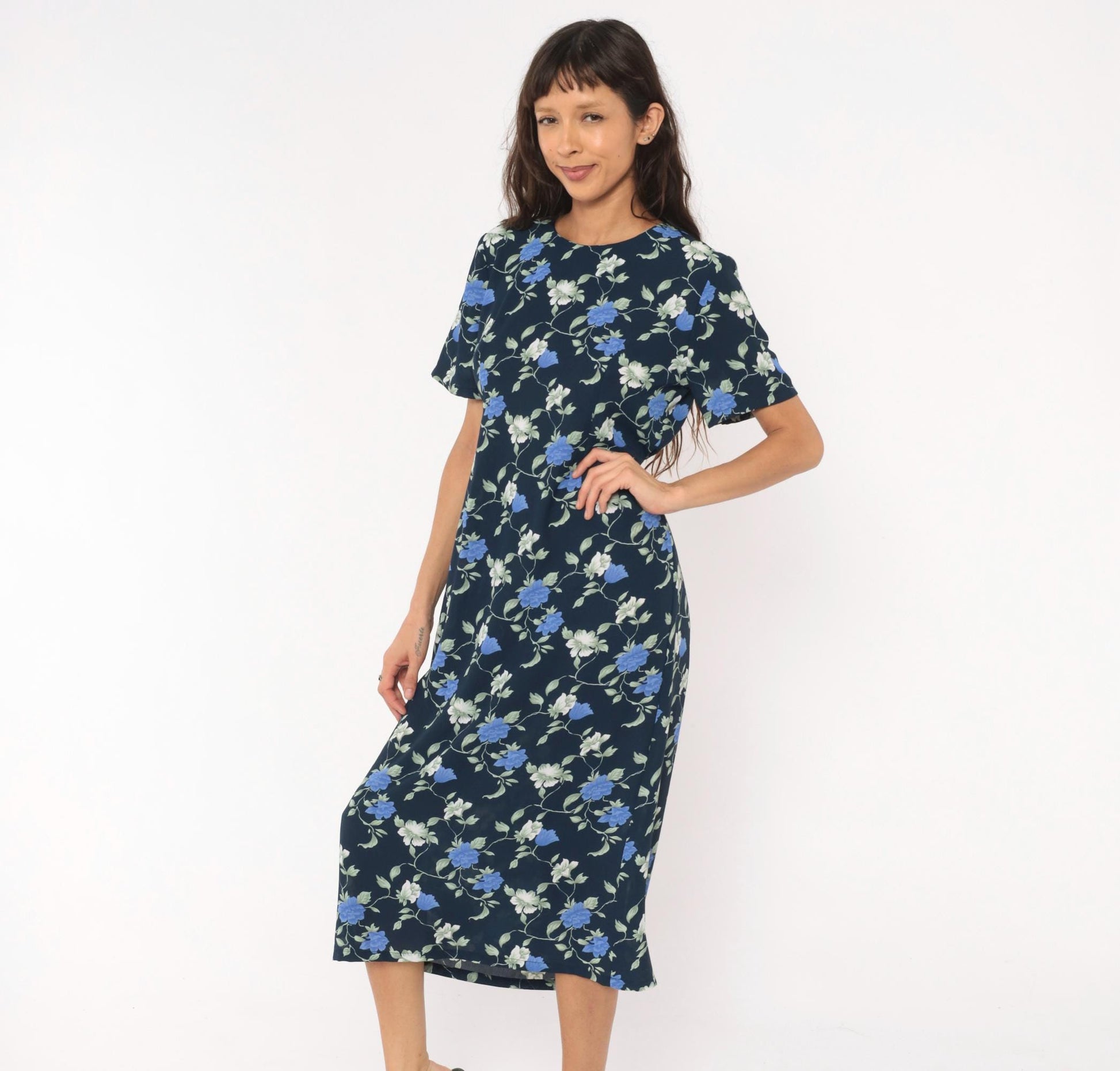 90s J.E. Fashion Floral Midi Dress Navy Blue Rose Print Short Sleeve Medium M