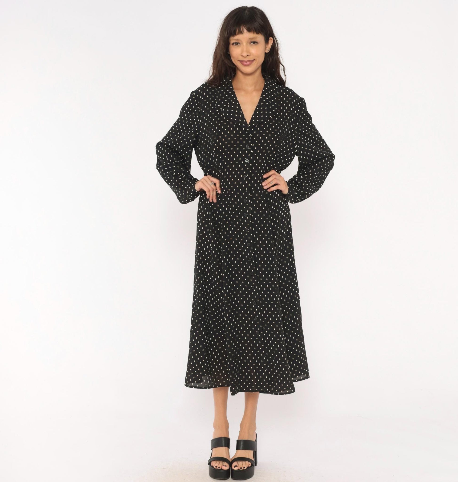 90s Liz Claiborne Polka Dot Shirt Dress Black White Midi Collar Extra Large XXL