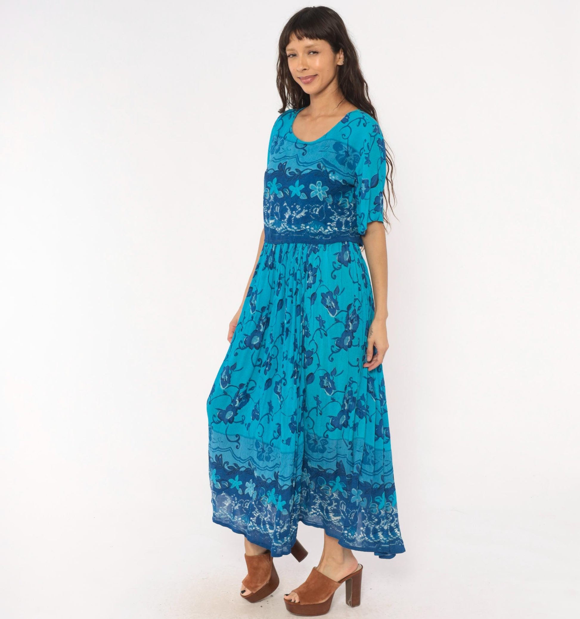 90s Style Teal Floral Maxi Dress Short Sleeve Vine Print Blue Medium M