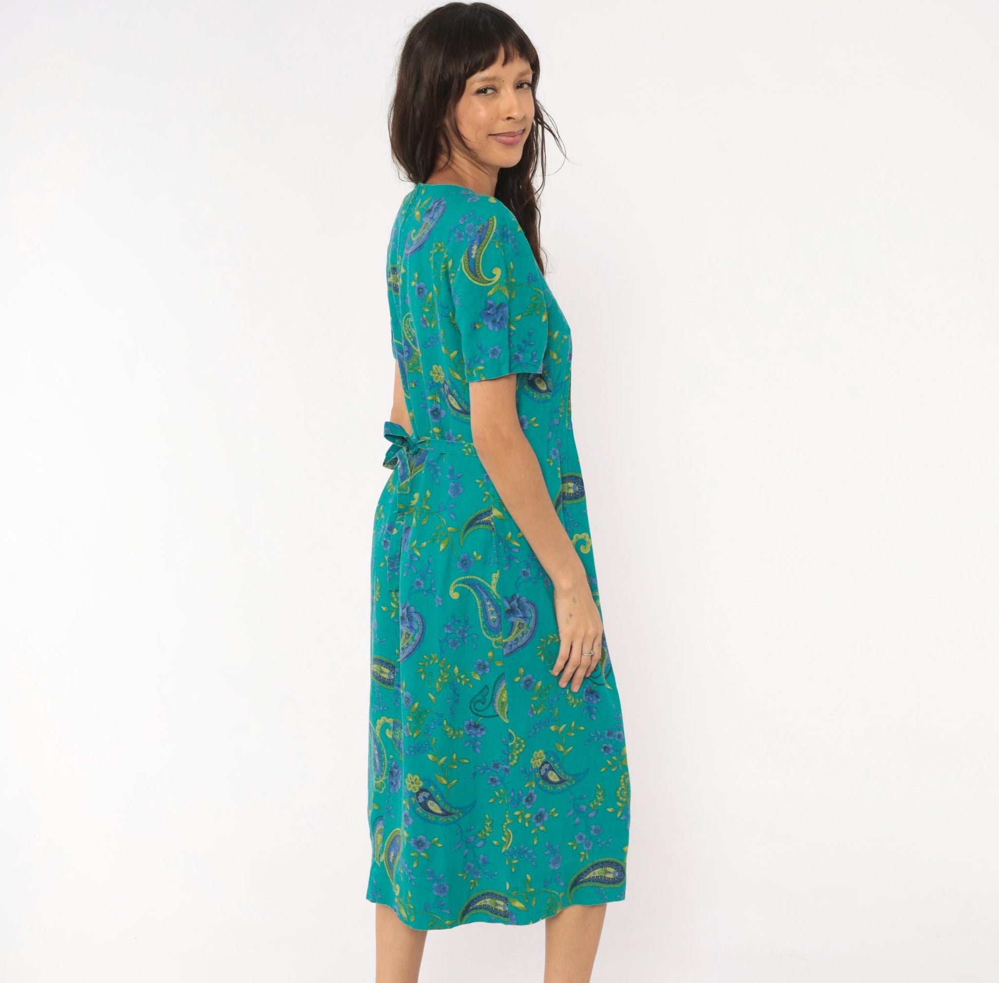 90s Miss Dorby Paisley Pintuck Midi Dress Teal Floral Cotton Medium M