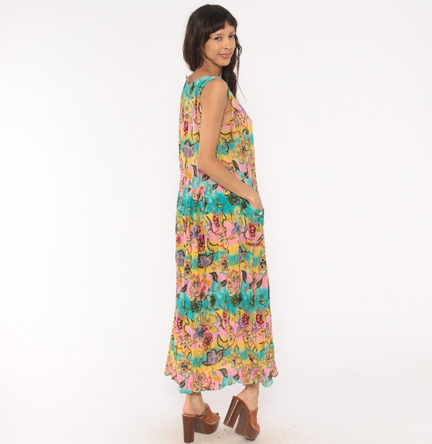 Y2K Bila Floral Maxi Dress Sleeveless V-Neck Tiered Pink Teal Yellow Medium M