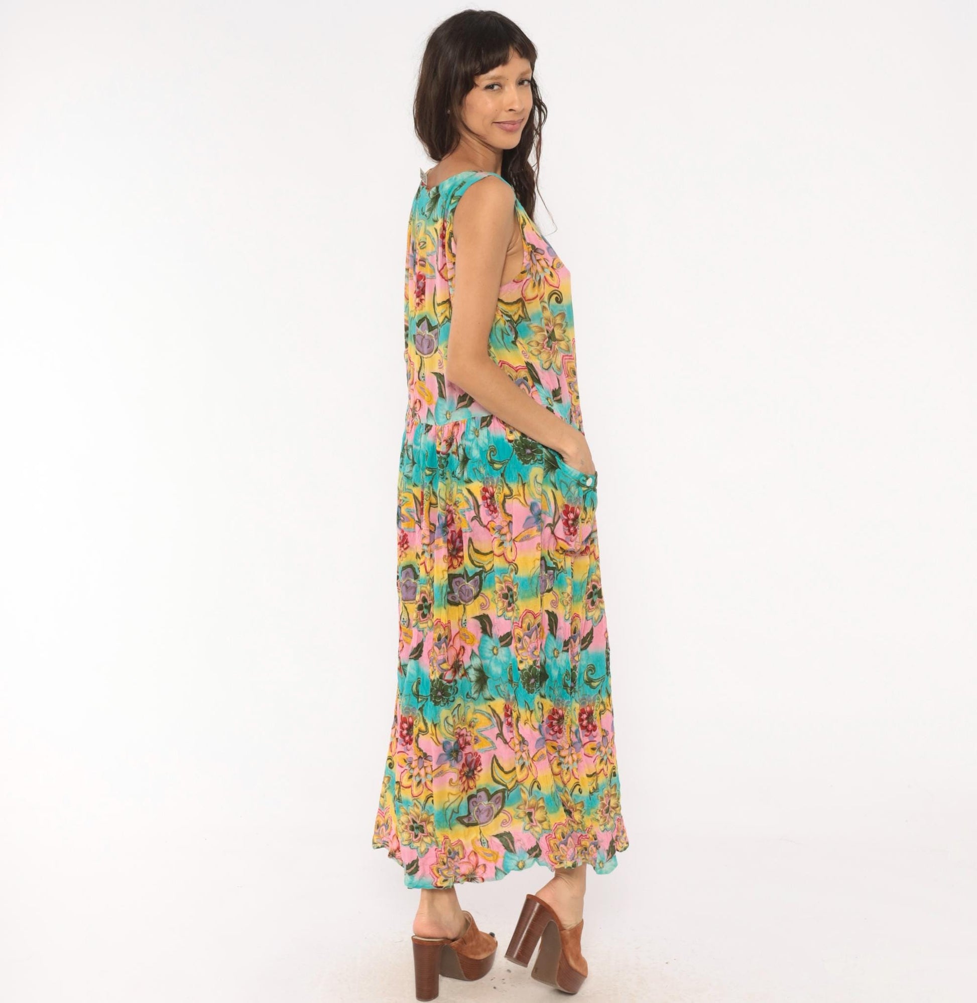 Y2K Bila Floral Maxi Dress Sleeveless V-Neck Tiered Pink Teal Yellow Medium M
