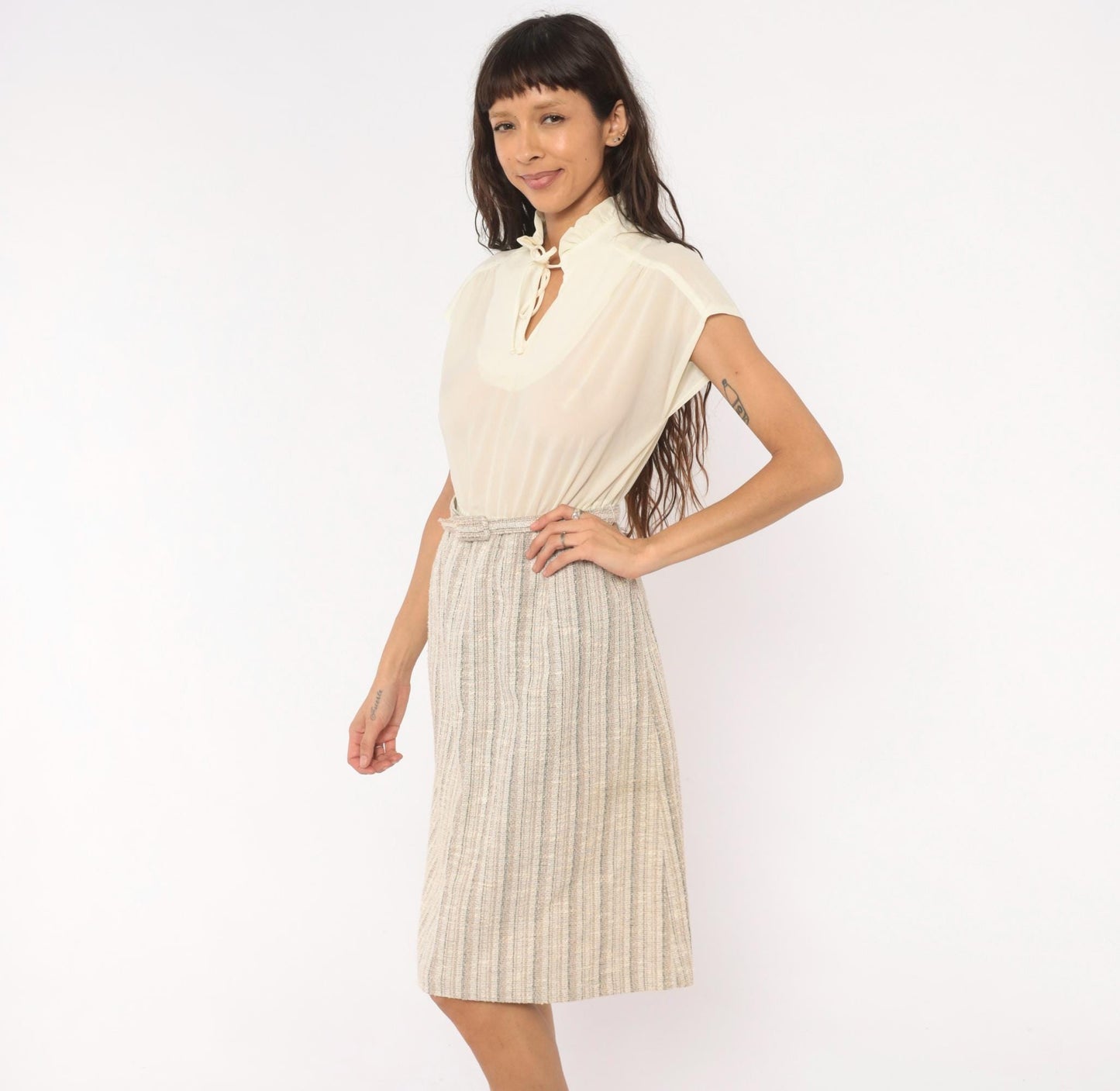 80s Berg Ray Two-Piece Set Sheer Cream Blouse Tan Tweed Skirt Medium M