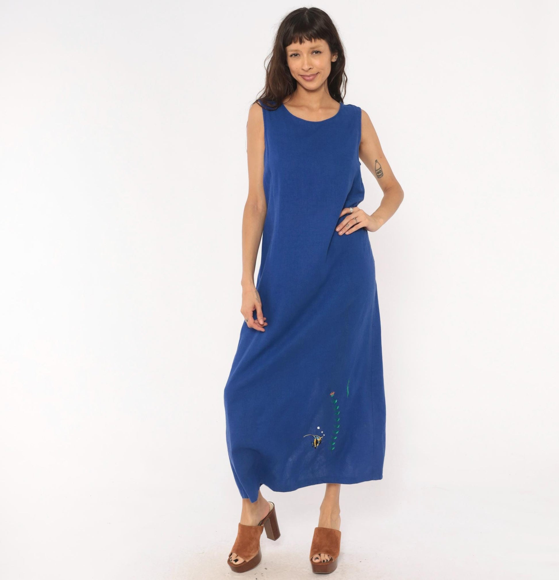 90s Ultra Dress Cobalt Linen Maxi Dress Angelfish Embroidered Medium Large