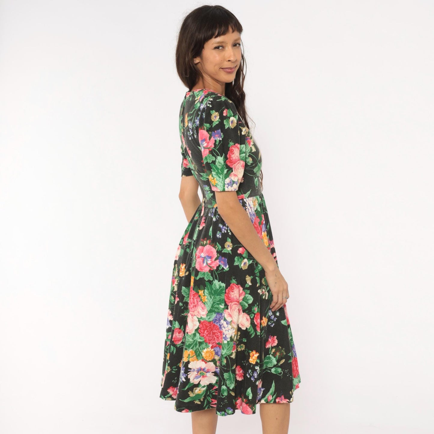 90s Expo Petite Floral Midi Dress Black Pink Puff Sleeve Small