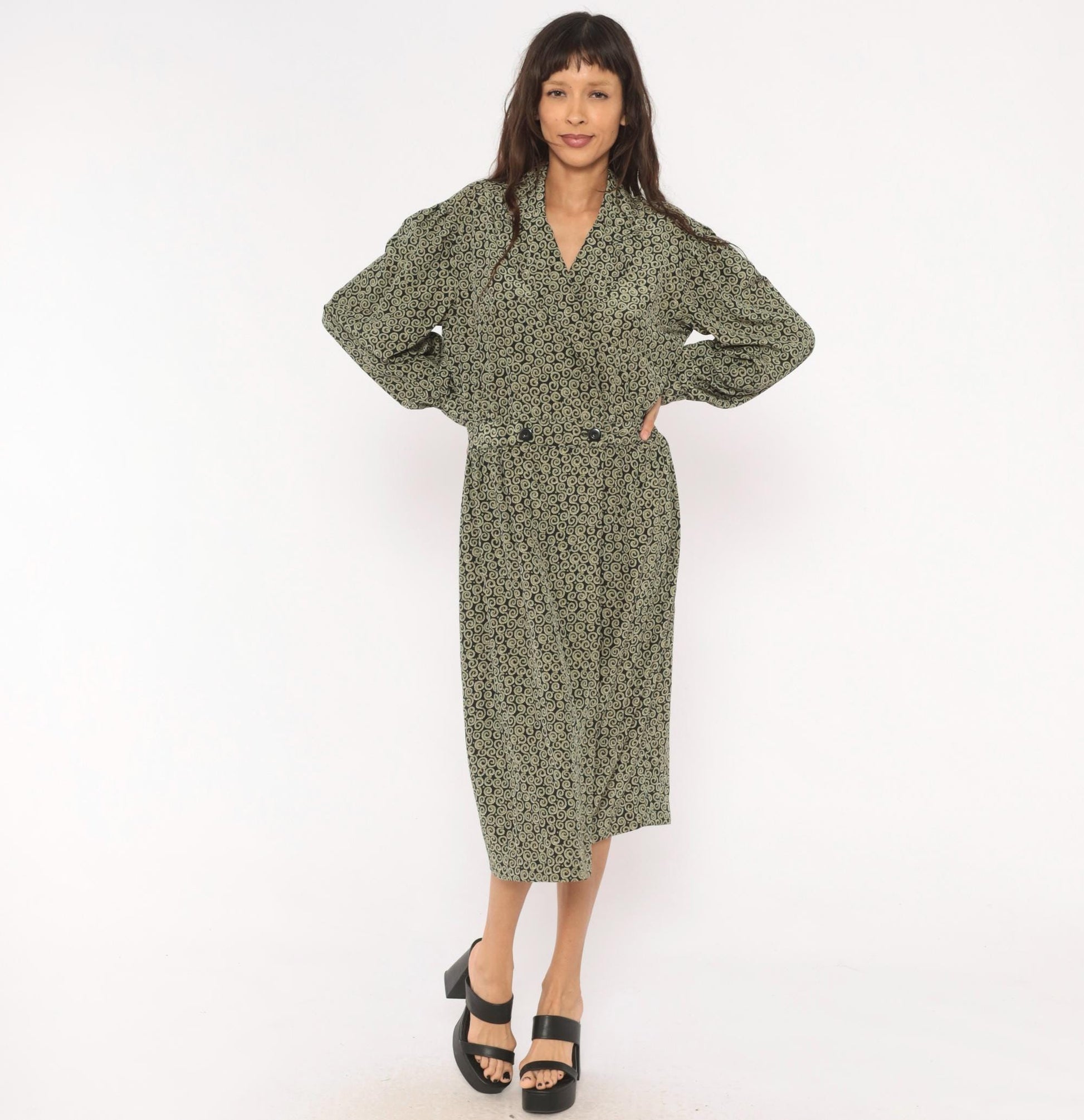 90s Liz Claiborne Navy Olive Scroll Print Midi Shirtdress Large L
