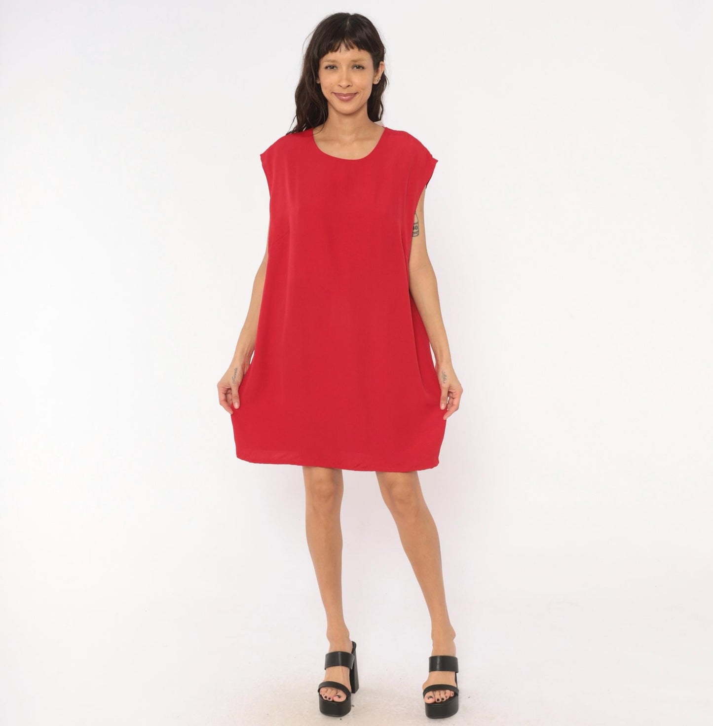 90s Red Shift Dress Cap Sleeve Knee-Length Scoop Neckline Large L