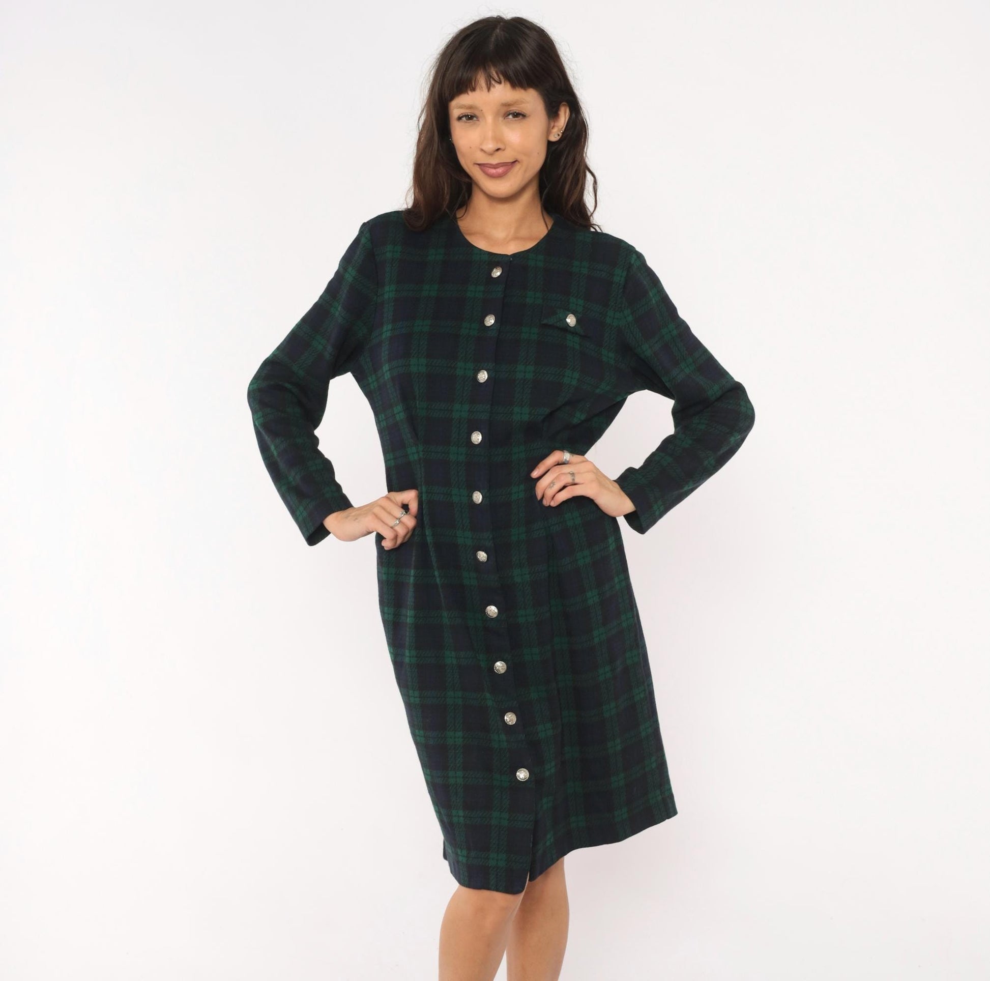 90s Miss Dorby Tartan Plaid Button-Front Shirtdress Navy Teal Cotton Large L