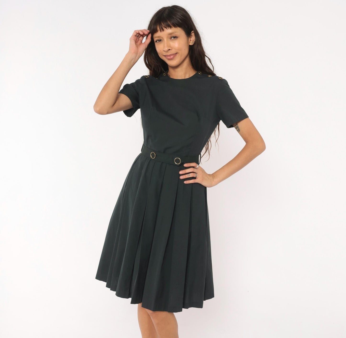 60s Charcoal Pleated A-Line Dress Gold Grommet Detail Cotton Small
