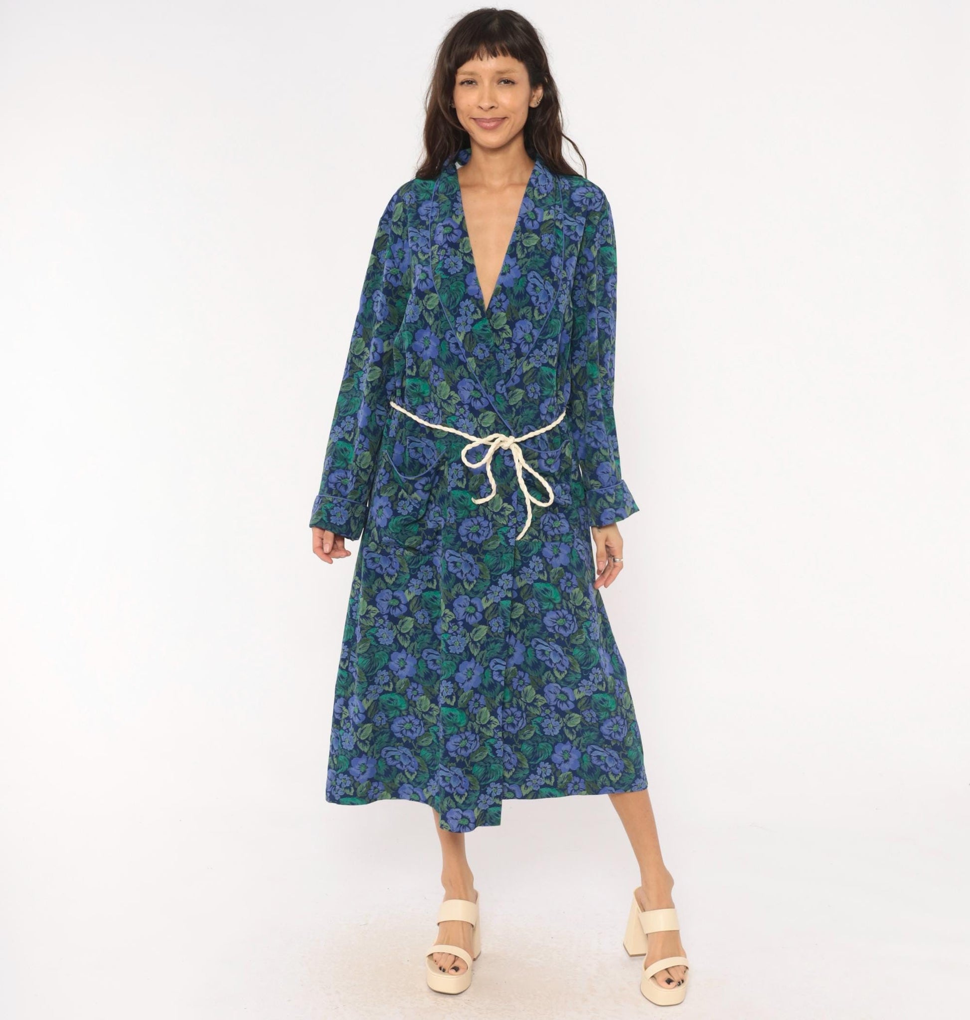 90s Cacique Floral Wrap Robe Periwinkle Navy Botanical Print Midi Large L