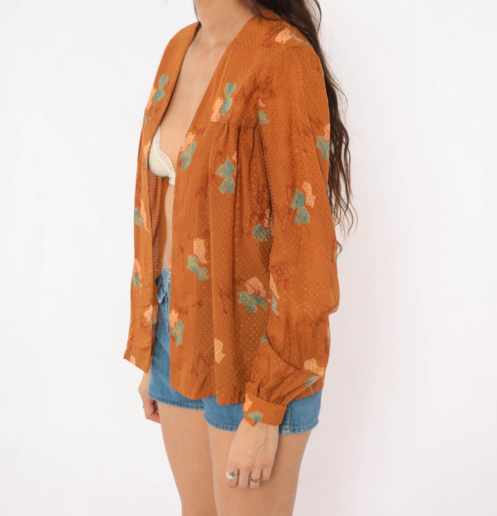70s Floral Open Front Blouse Rust Copper Puff Sleeve Dobby Weave Small S