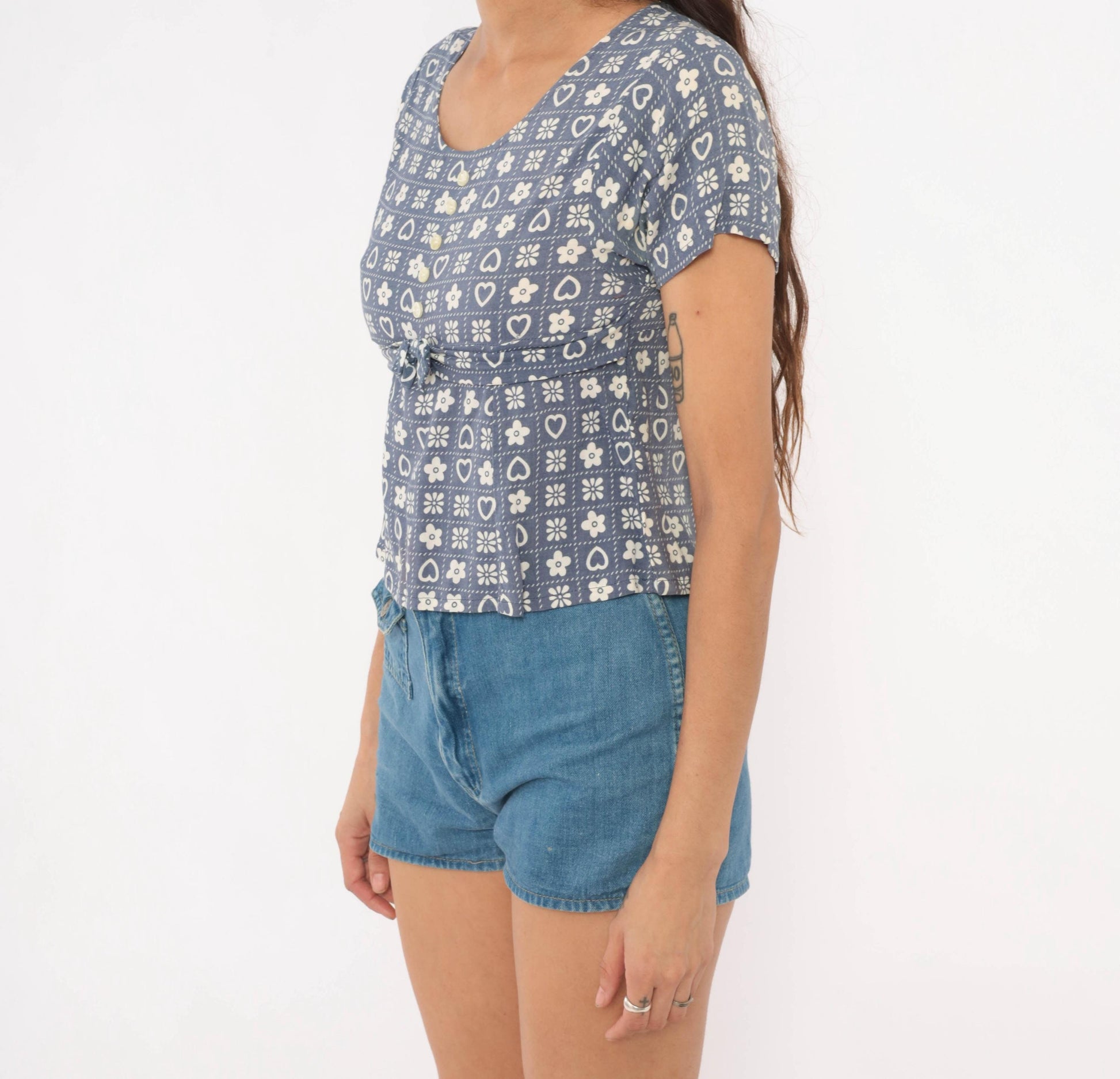 80s New Moves Hearts Flowers Grid Print Blouse Blue White Peplum Crop Extra Small XS