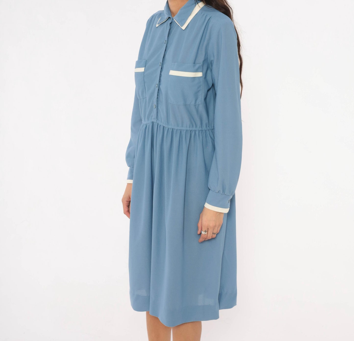 70s Stellas Powder Blue Shirt Dress Gathered Waist Knee Length Medium M