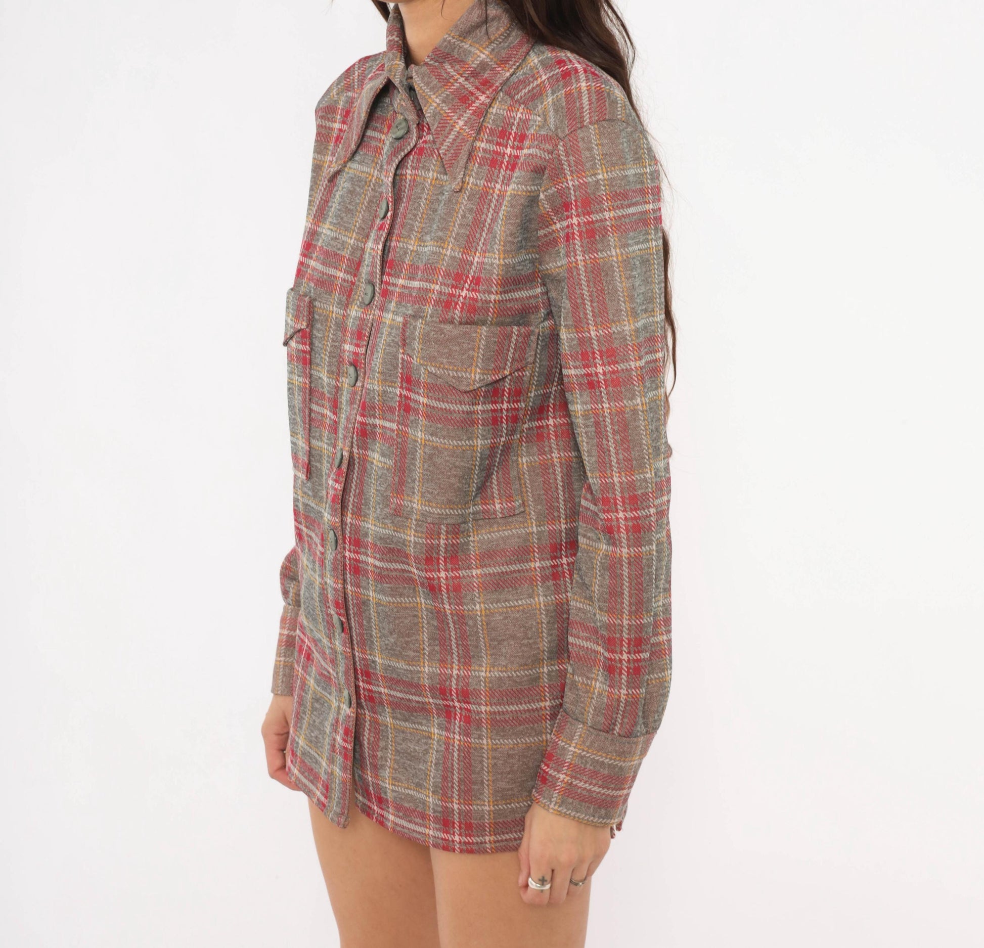 70s Plaid Shirt Jacket Grey Red Pointed Collar Button Front Medium