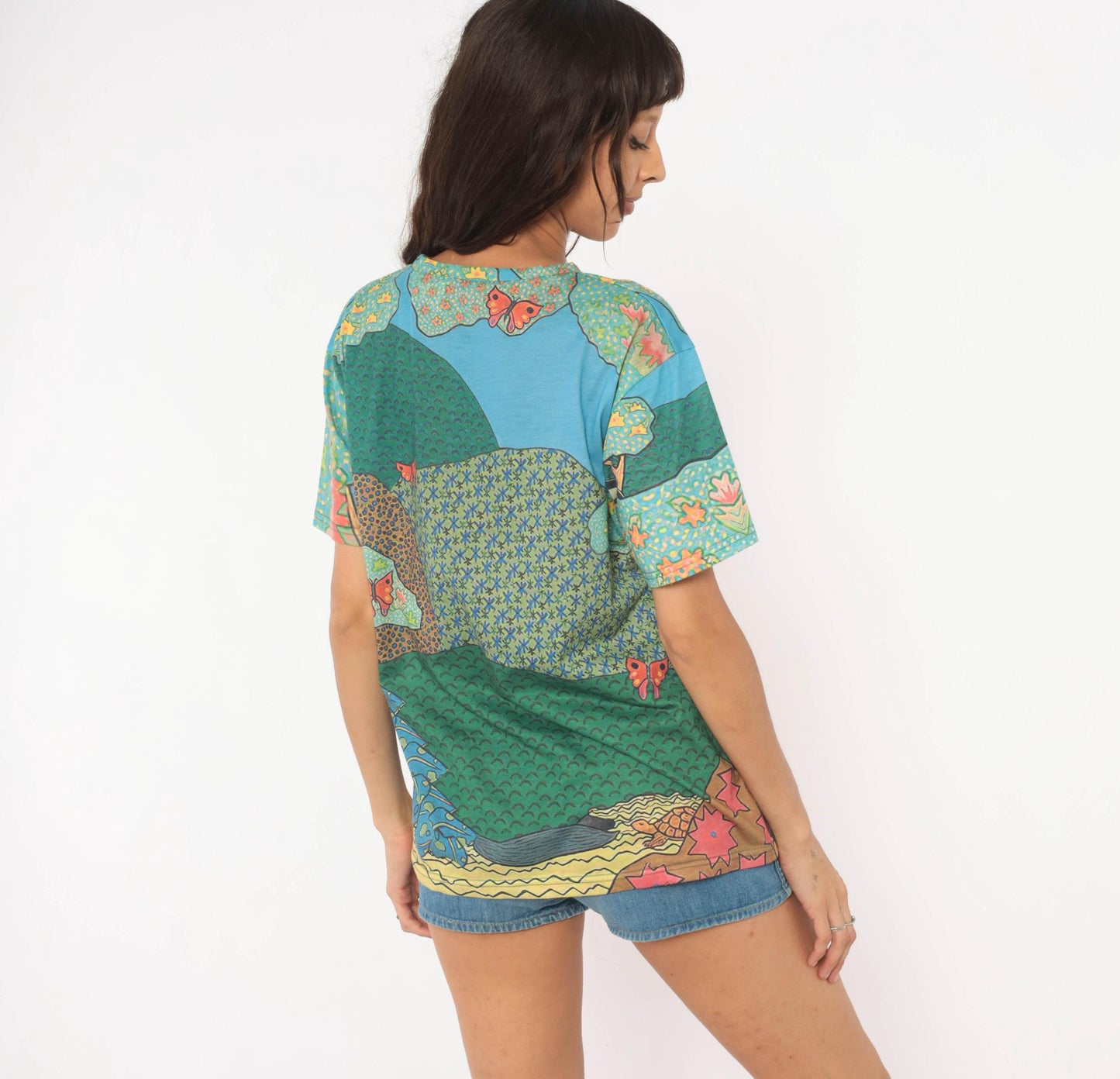 Y2K Cat Tree Tee All Over Print Graphic Multicolor Cats Illustration Medium M