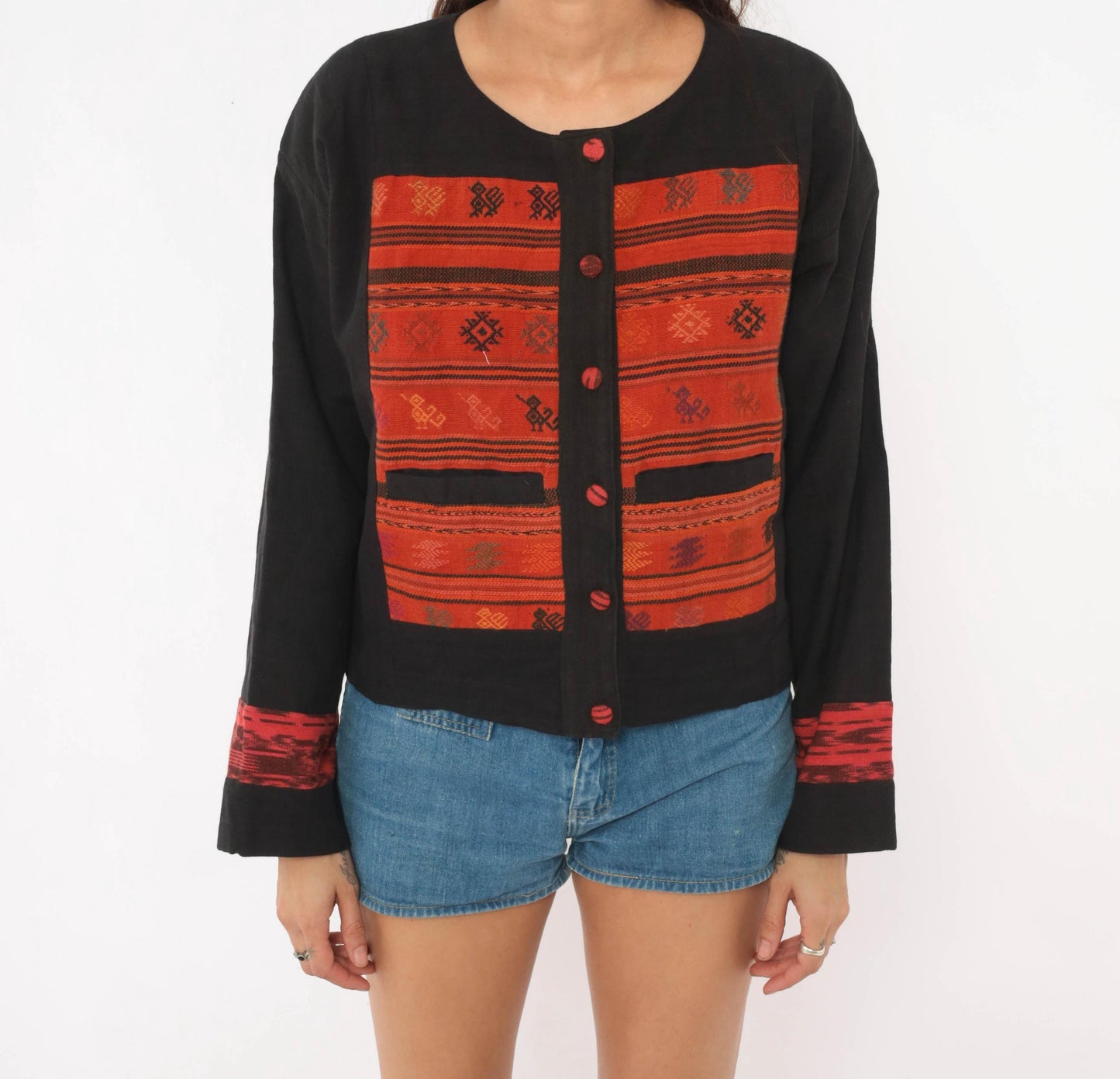 90s Black Cotton Ikat Woven Jacket Red Geometric Folk Art Medium M