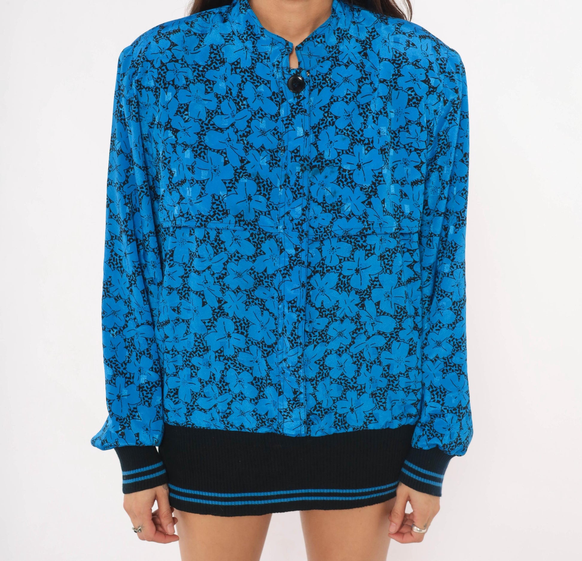 80s B.G.B.Ltd. Floral Bomber Blouse Cobalt Blue Black Mandarin Collar Large L
