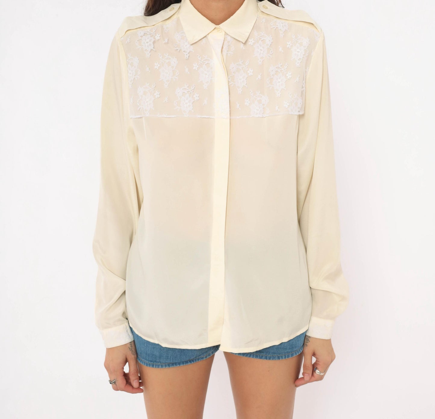 90s Oscar De La Renta Cream Lace Yoke Blouse Floral Embroidered Sheer Medium