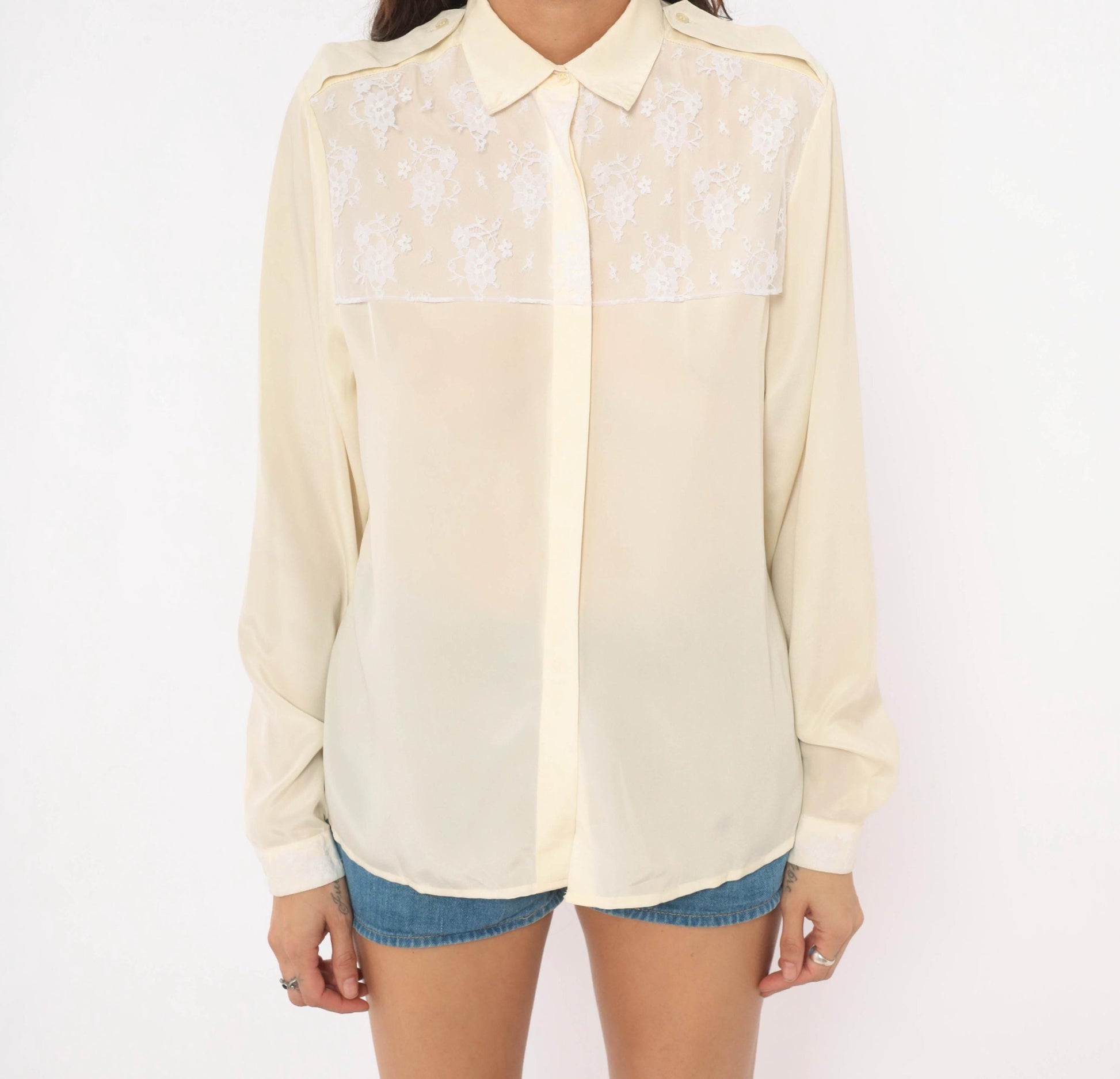 90s Oscar De La Renta Cream Lace Yoke Blouse Floral Embroidered Sheer Medium