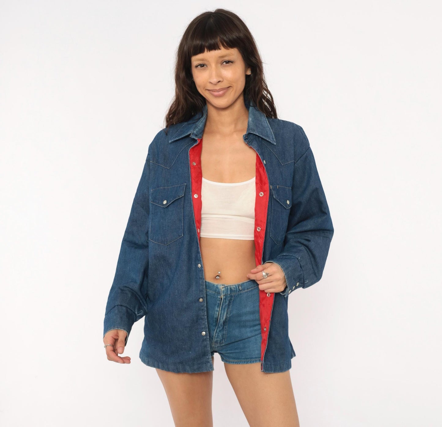 80s JC Penney Western Denim Shirt Cobalt Blue Pearl Snap Yoke Medium