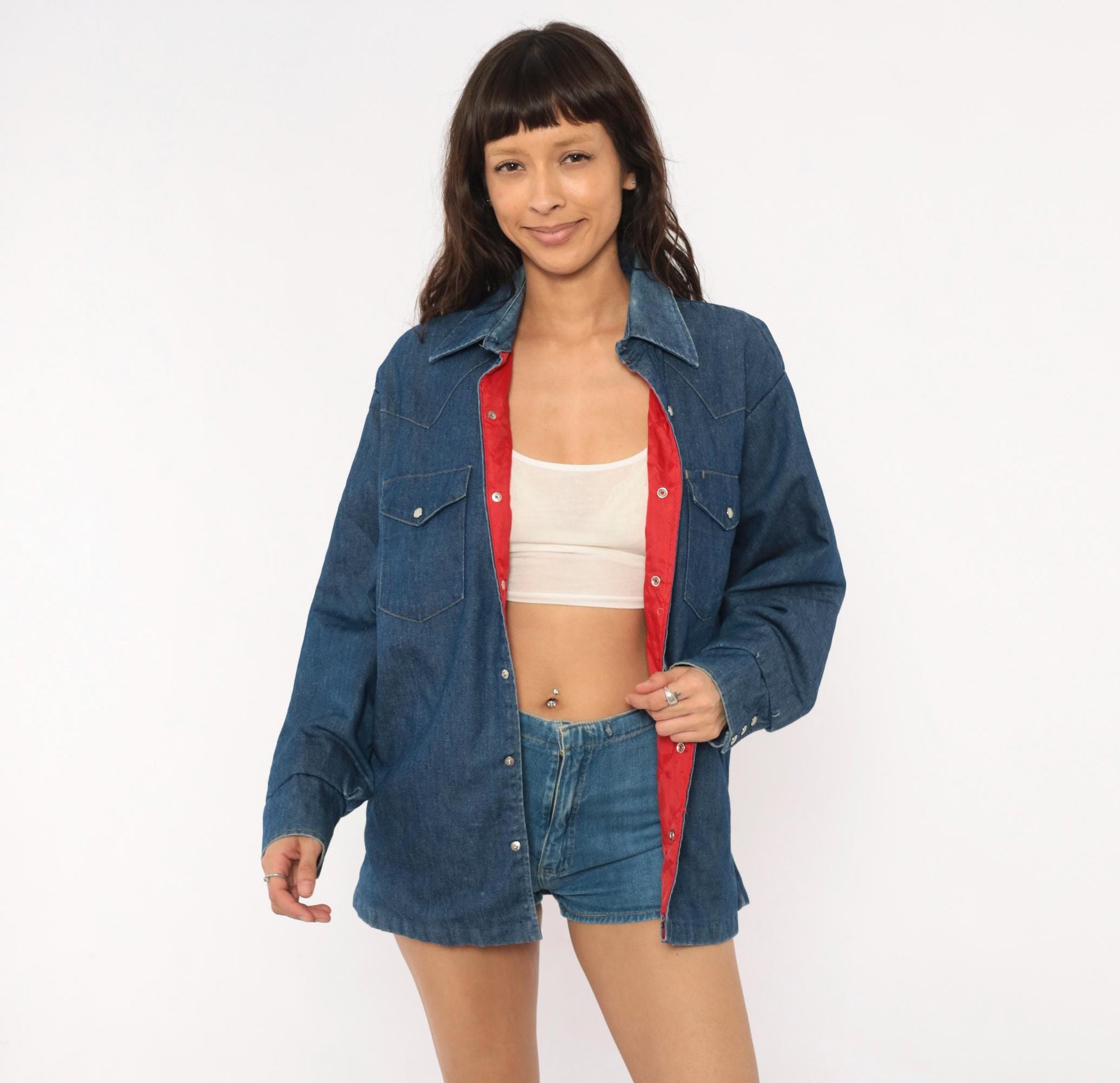 80s JC Penney Western Denim Shirt Cobalt Blue Pearl Snap Yoke Medium