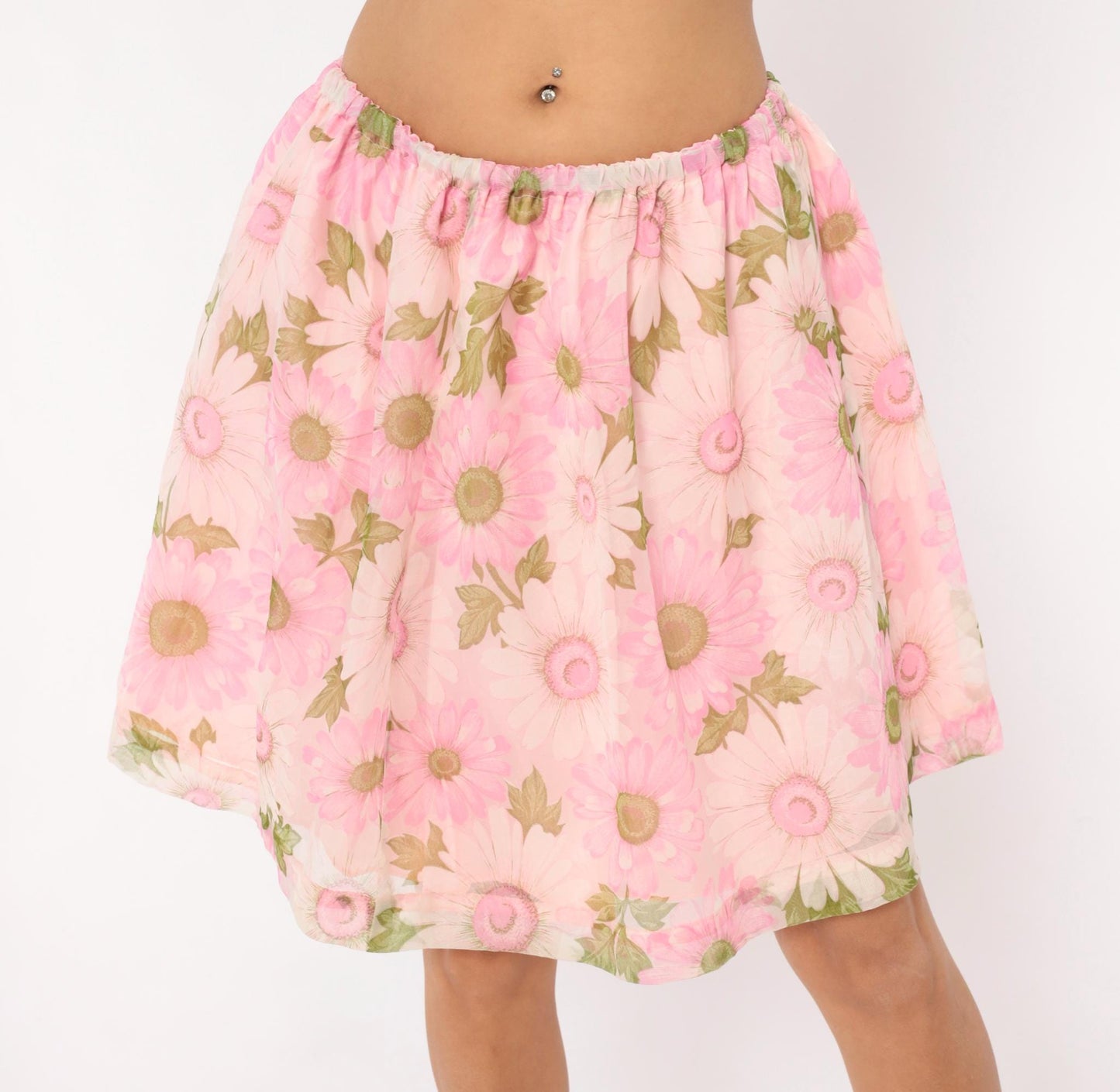 70s Pink Daisy Floral Skirt Gathered Waist A-Line Knee Length Medium Large