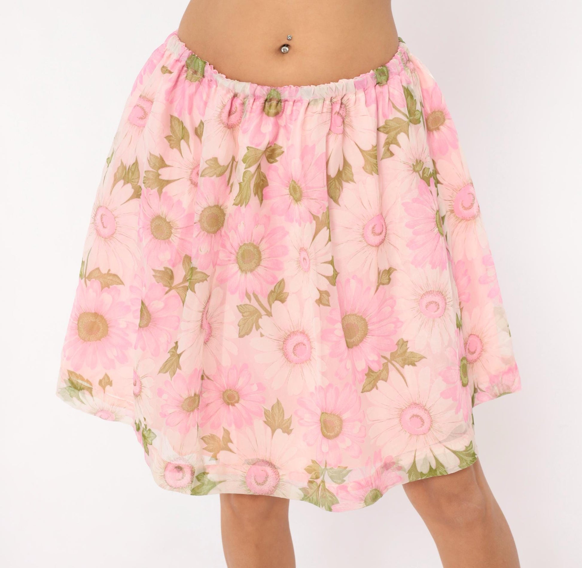 70s Pink Daisy Floral Skirt Gathered Waist A-Line Knee Length Medium Large