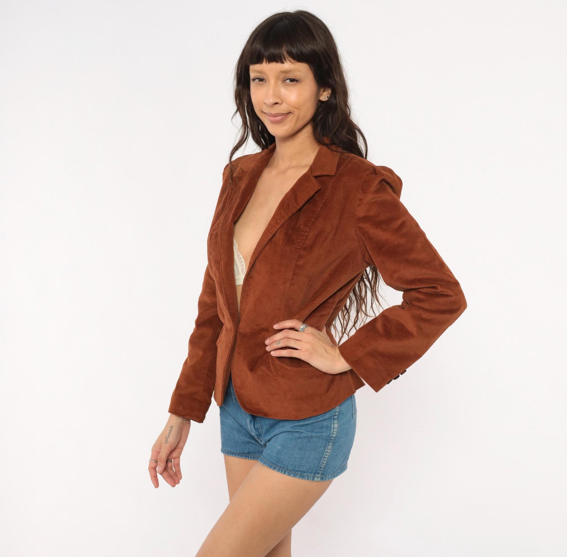 70s Brown Velvet Blazer Single Button Puff Shoulder Fitted Jacket Small