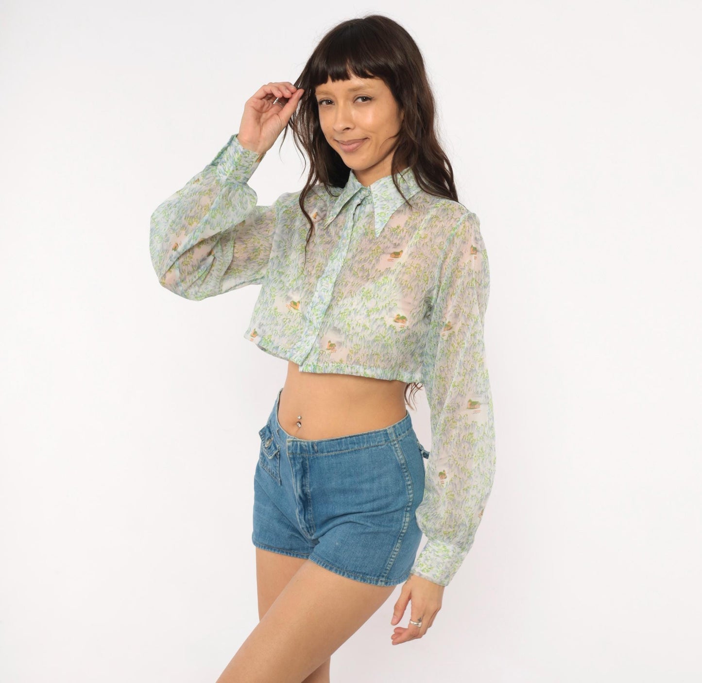 70s Tall Shop Cropped Sheer Blouse Pastoral Landscape Print Green Blue Small Medium