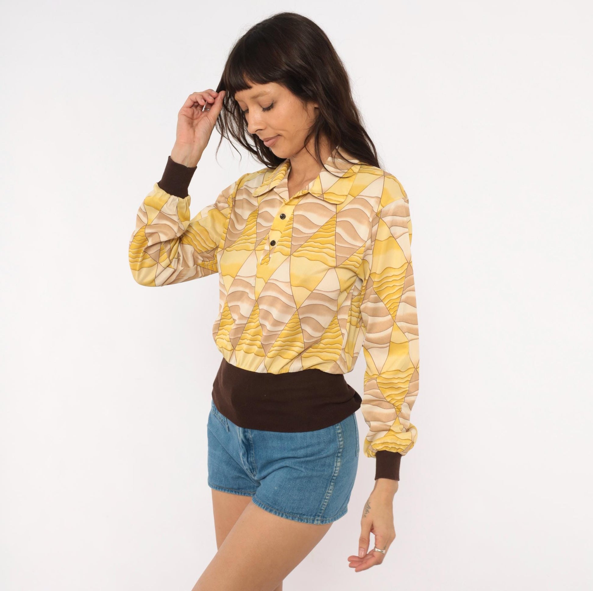 70s Diamond Harlequin Polo Blouse Yellow Beige Long Sleeve Small