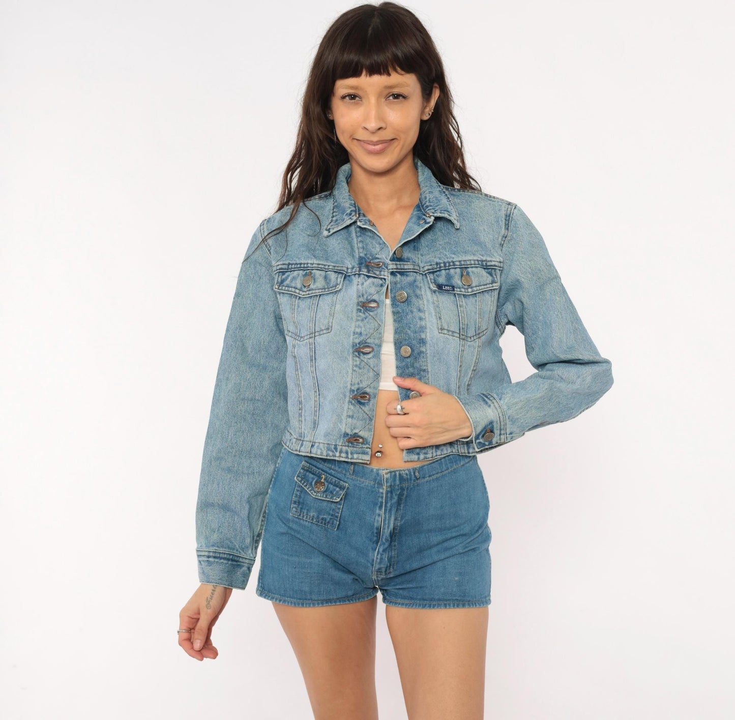 90s Lee Cropped Denim Jacket Light Wash Blue Cotton Trucker Small S